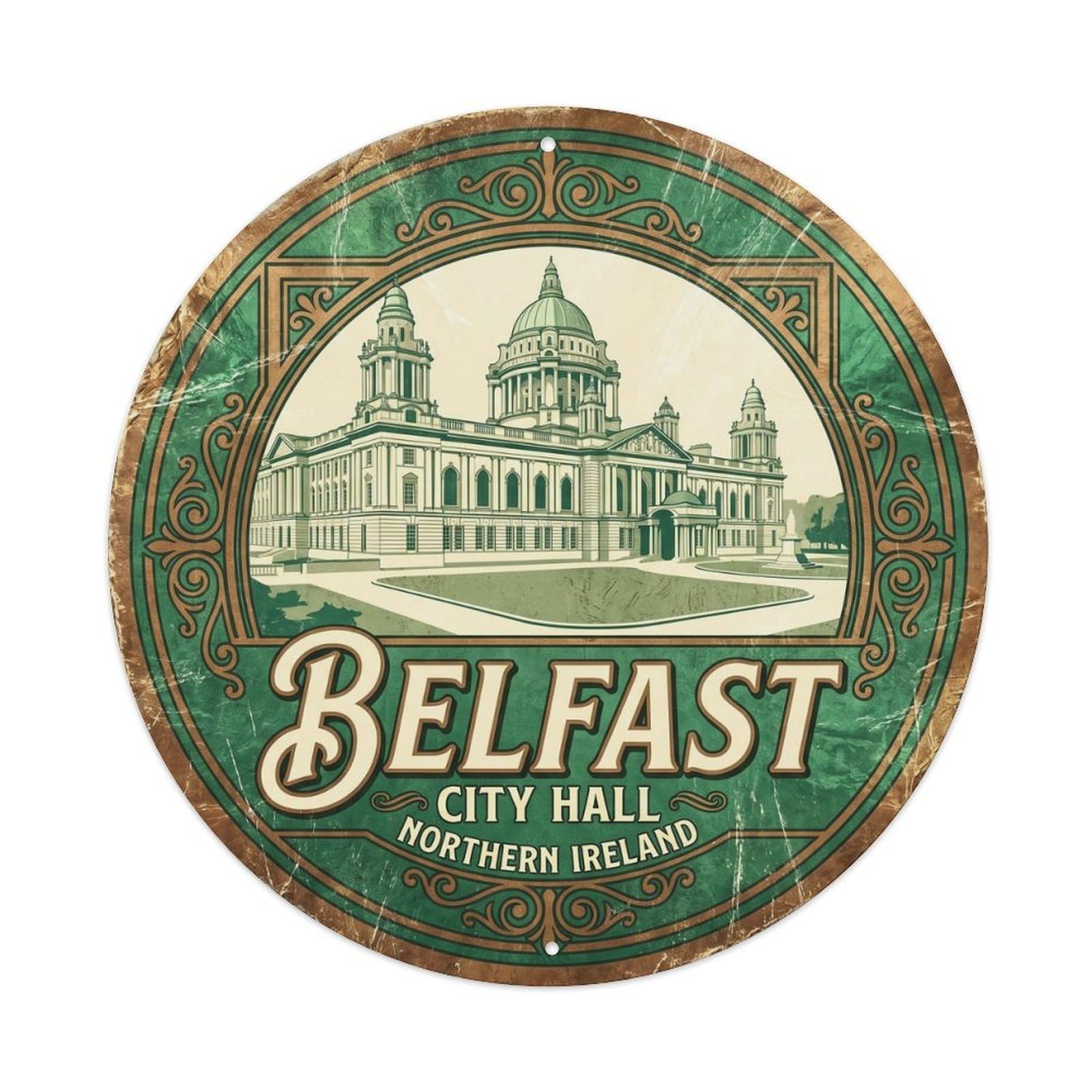 Vintage Travel Belfast Ireland Artwork Metal Tin Sign Plaque Wall Decor for Cafe, Club, Garden Round Metal Poster 8x8Inch