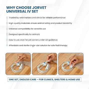 JorVet Universal IV Set | Veterinary-Grade Infusion Set with 72 Soft Tubing, Luer Connector, Roller Clamp & Bacteria-Proof Air Vent for Safe & Precise Fluid Delivery | Vented & Non-Vented Single-Use