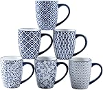 Ceramic Coffee Mugs Set - 16 Oz / 450 ml Large Porcelain Tea Cups with Handle for Women Men Cocoa Cappuccino Latte - Christmas Housewarming Gift - Dishwasher Safe - Set of 6 - Vintage Blue