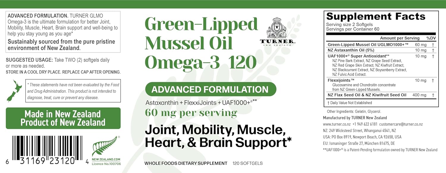 TURNER New Zealand Green Lipped Omega-3 Mussel Oil, 53x Higher Potency with UAF1000+ Super Antioxidant for Superior Joint Comfort & Mobility, No Fishy Aftertaste, 1 Bottle, 120 Softgels - Image 2