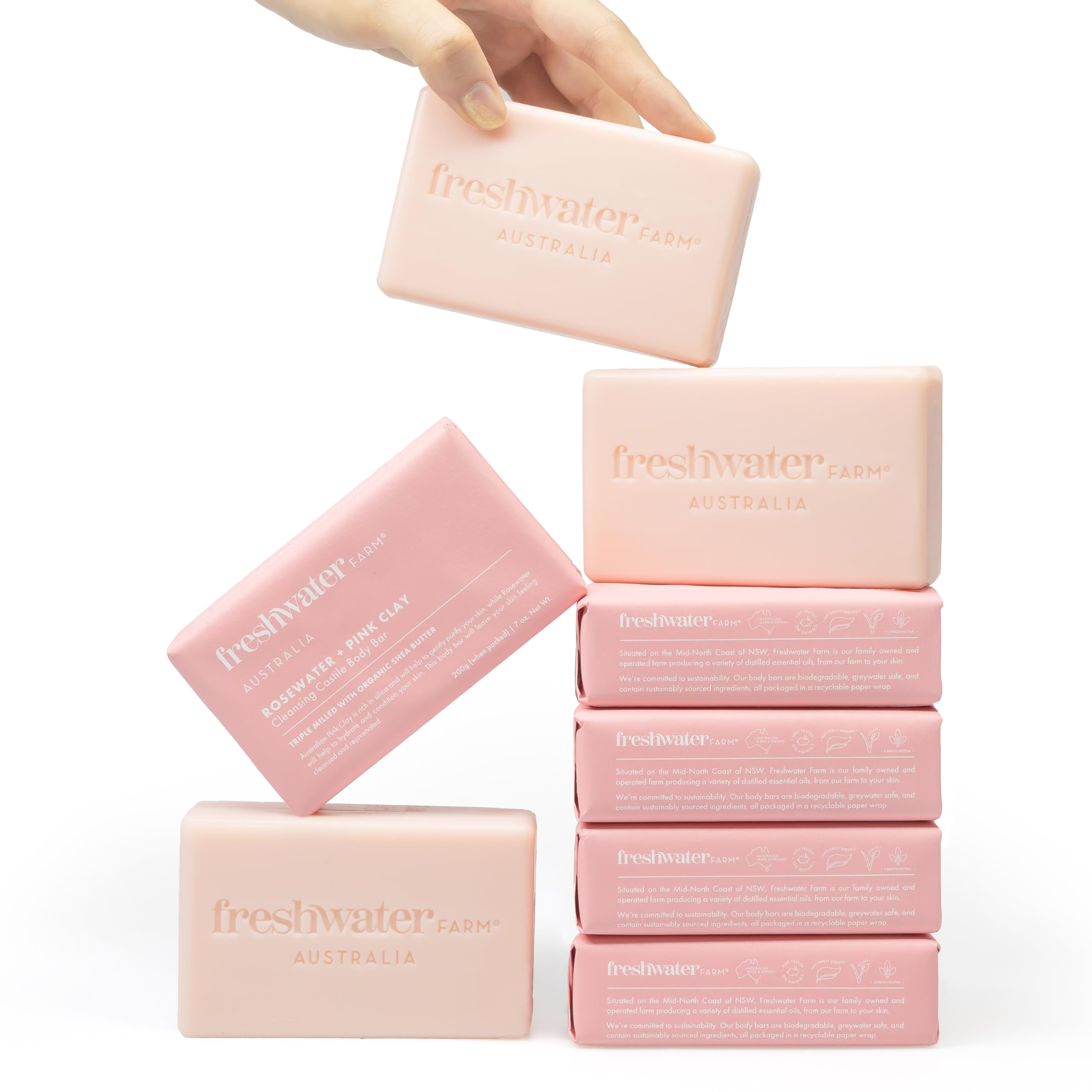 Freshwater Farm Australia Castile Natural Bar Soap | Rosewater + Pink Clay | Australian Made + Family Owned | Triple-Milled with Australian Pink Clay