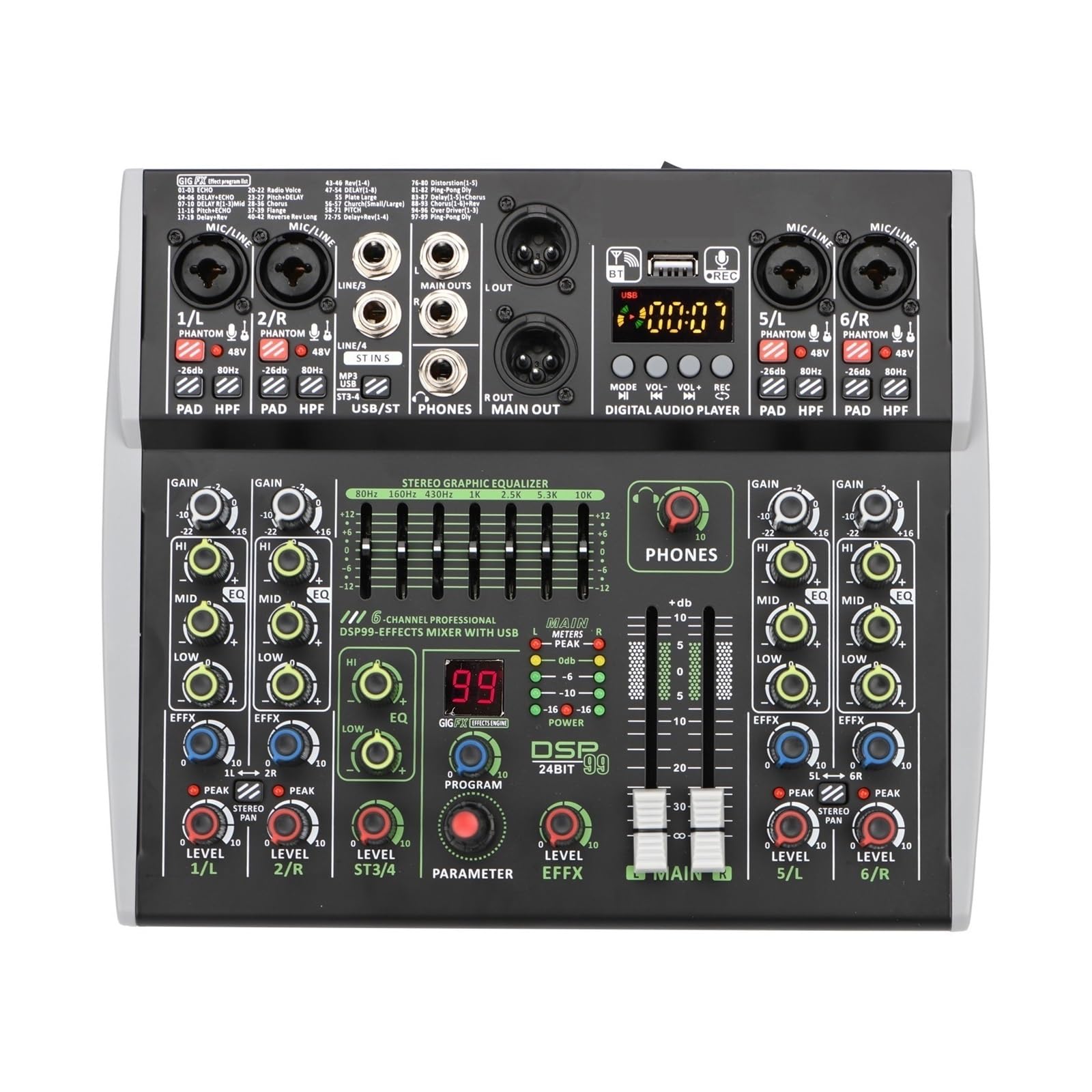 Mezclador de audio, Mini mezclador de sonido 6 canales, consola mezcla audio, 48 V, 99 DSP, mesa profesional, USB, PC, reproducción, grabación Para karaoke en estudio
