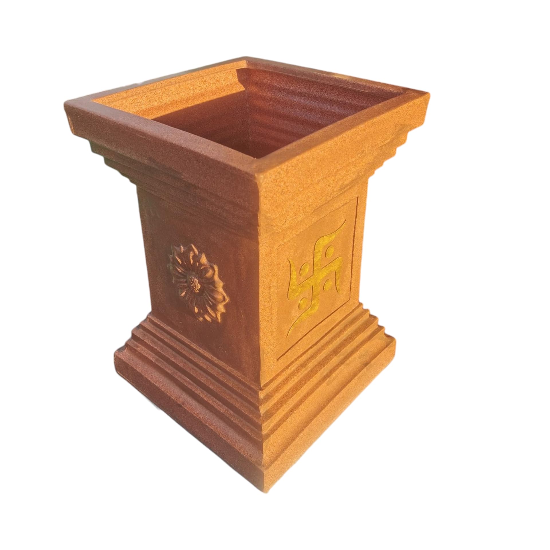 NEER Big Size Rotomolded Tulsi Vrindavan Polymer Pot – 20x15 Inch Rectangular Grey Stone Marble Look Pot for Tulsi Plant, Indoor & Outdoor (Redstone-Swastik, Large)
