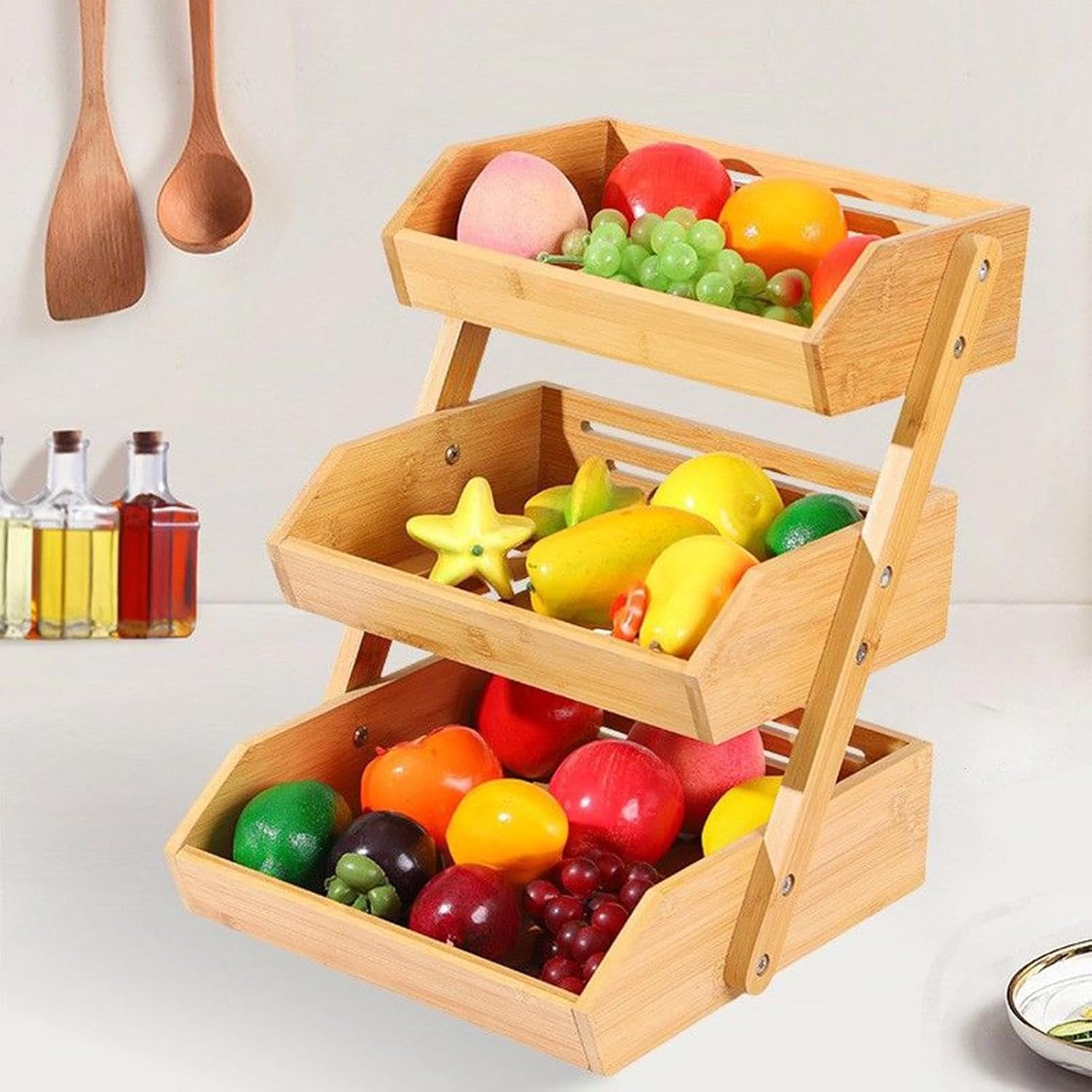 Fonney キッチンカウンター用フルーツバスケット | 木製フルーツ＆ベジタブルバスケット,キッチンラック 朝食会 キャンプ アパ