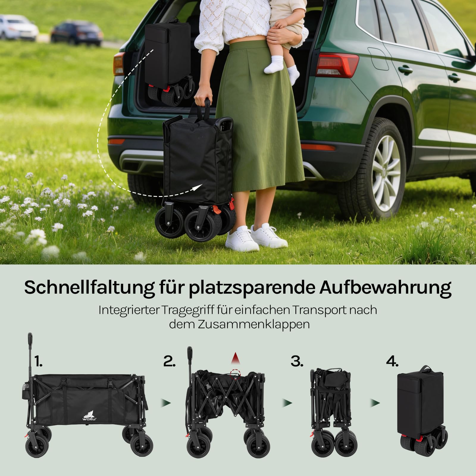 WOLTU Bollerwagen faltbar, Campingwagen 205 L, Tragkraft 180 kg, mit 4 großen Rädern & Seitentasche & 2 Innentaschen & 2 Getränkehaltern, für Camping Strand Garten, Schwarz