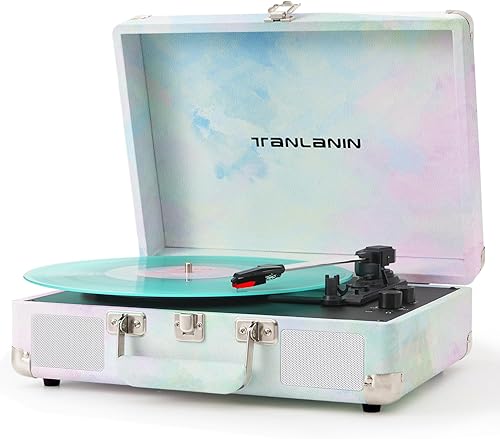 Tocadiscos de vinilo de acuarela con control de agudos y graves, tocadiscos portátiles vintage de 3 velocidades con Bluetooth con altavoces
