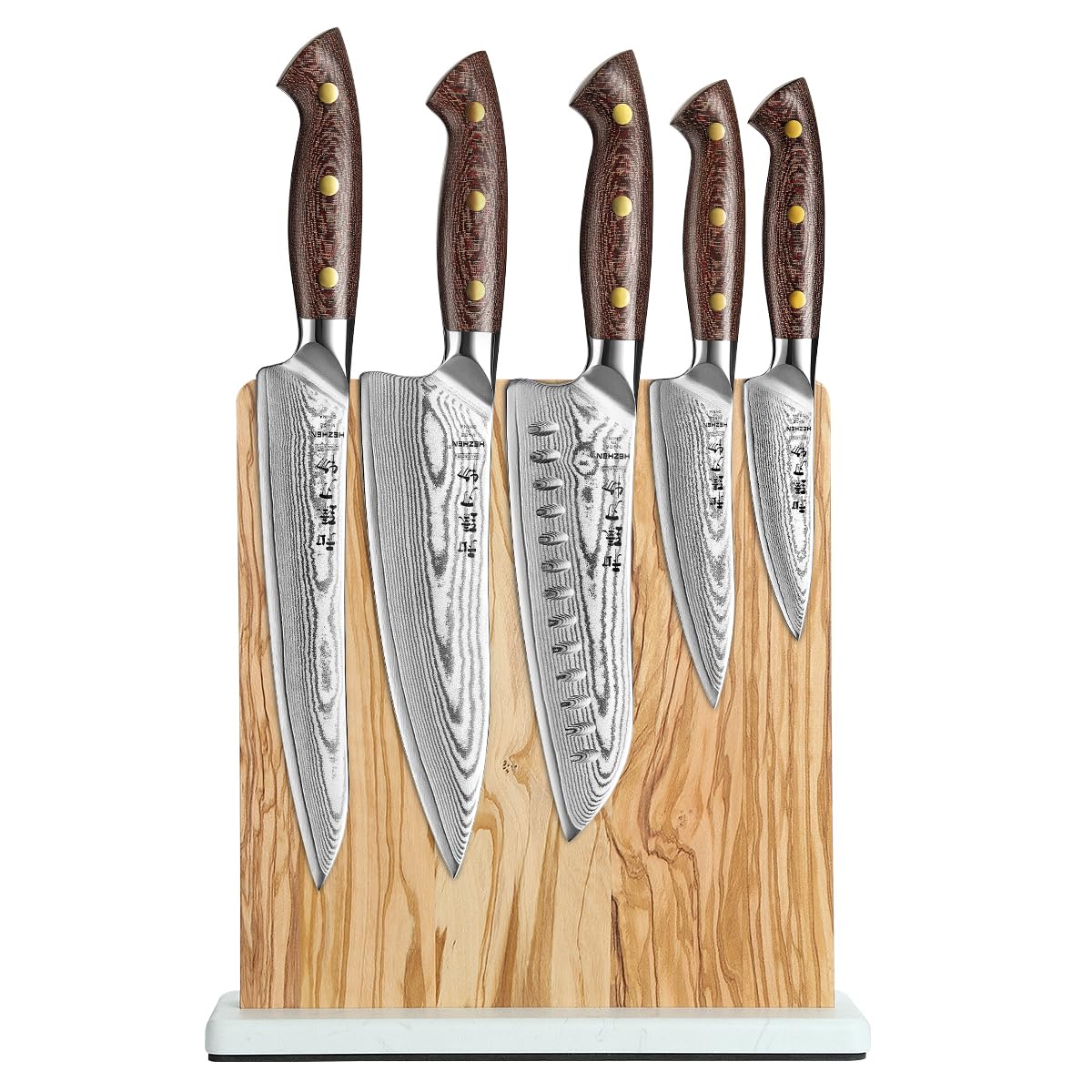 HEZHEN Damasco Set di Coltelli da Cucina Acciaio, Set di Coltelli da Chef Professionali in Acciaio Damasco con Ceppo Portacoltelli Magnetico a Doppia Faccia, Blocco Coltelli da Cucina in Legno di Uliv