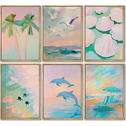 OGVXCJ A 6Pcs Pastel Coastal Wall Art Prints Beachy Palm Tree Seashells Pictures Wall Decor Preppy Aesthetics Posters for Girly Bedroom Bathroom Home Decoration(Frameless)