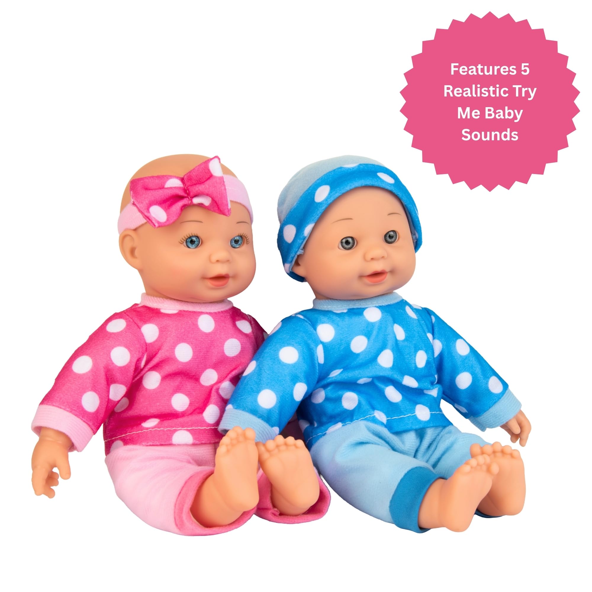 Dolly Tots Twin Dolls - Bambola parlante da 30 cm, bambola dal corpo morbido, bambole per carrozzine, passeggini e asilo nido, 5 suoni interattivi, ideale prima bambola per bambini, dai 18 mesi in su