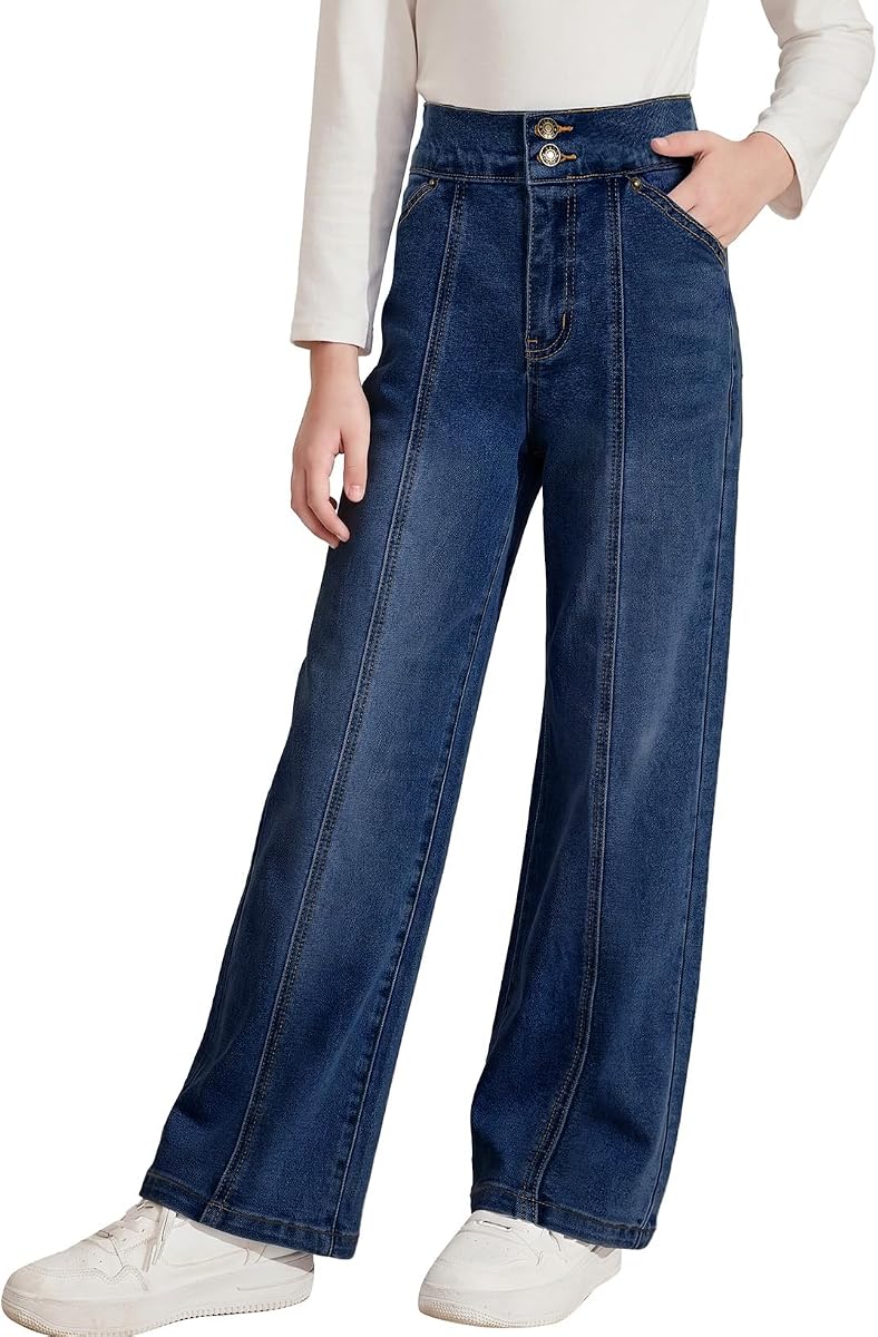 Blibean Pantalones vaqueros para niñas adolescentes, pantalones vaqueros de pierna recta, talla escolar 6-15 | con bolsillos, parte delantera cosida, cierre de botón, cintura alta, lindos pantalones informales para otoño e invierno