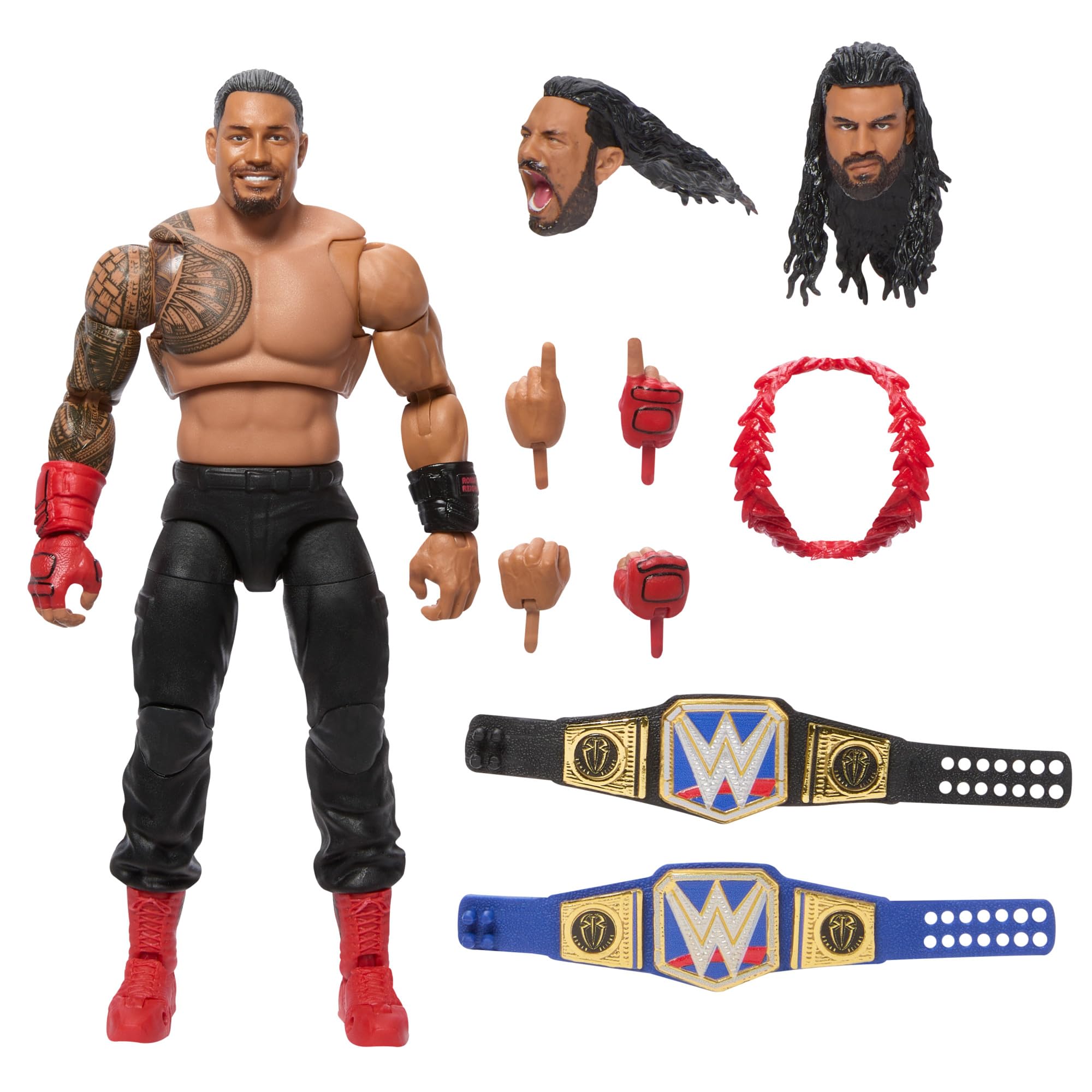 WWE Ultimate Edition Action Figure & Accessories, 6-inch Roman Reigns Collectible Set, Swappable Heads & Hands, Entrance Gear & 30 Articulation Points, HVF86
