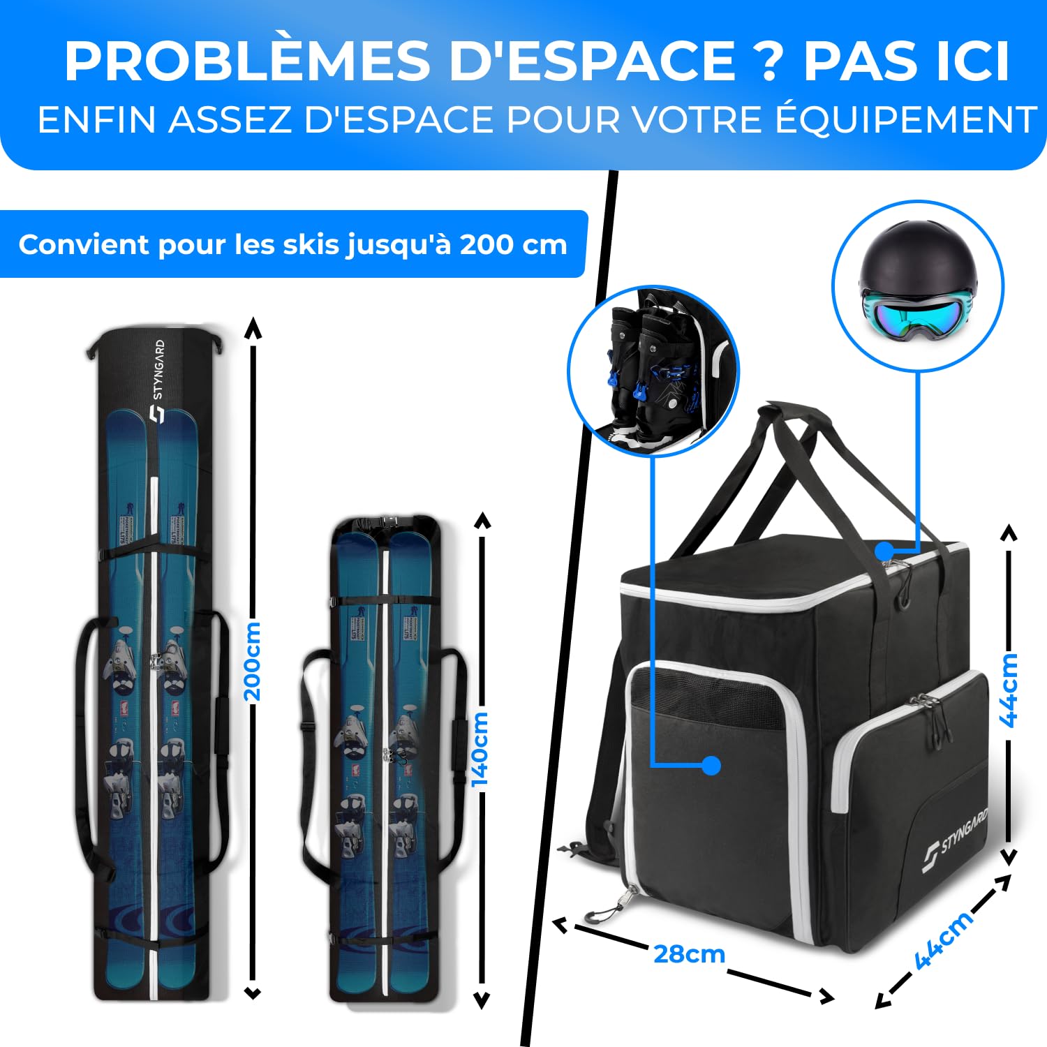 STYNGARD Set Double Sac de Ski pour 2 Paires de Skis [140 cm à 200 cm] et Sac à Chaussures de Ski avec Compartiment pour Casque [54 L] Modèle Salzburg
