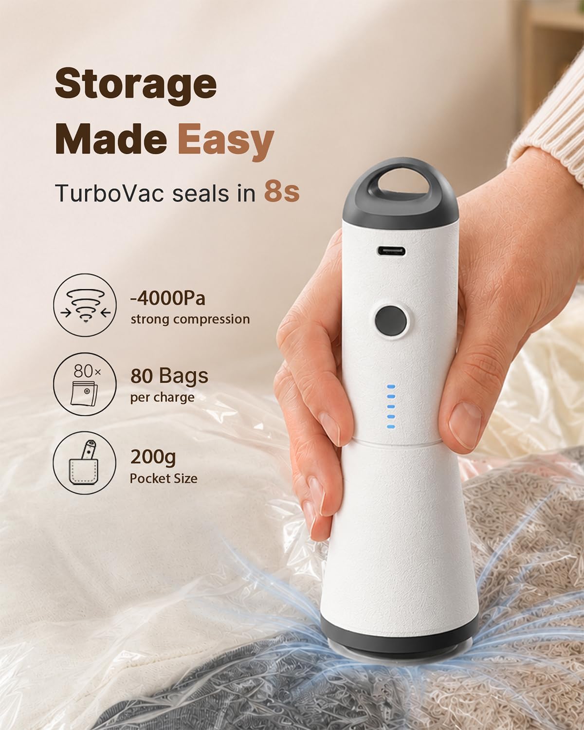 Vacbird Travel Vacuum Storage Bags with Rechargeable Cordless Pump, 12 Pack Vacuum photo 2