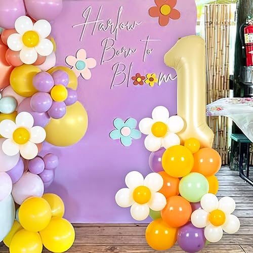 Miniatura 7 de Daisy Groovy - Decoraciones de fiesta, 80 globos retro de flores de margarita rosa, morado, amarillo, con globo de aluminio número 1 de 40 pulgadas