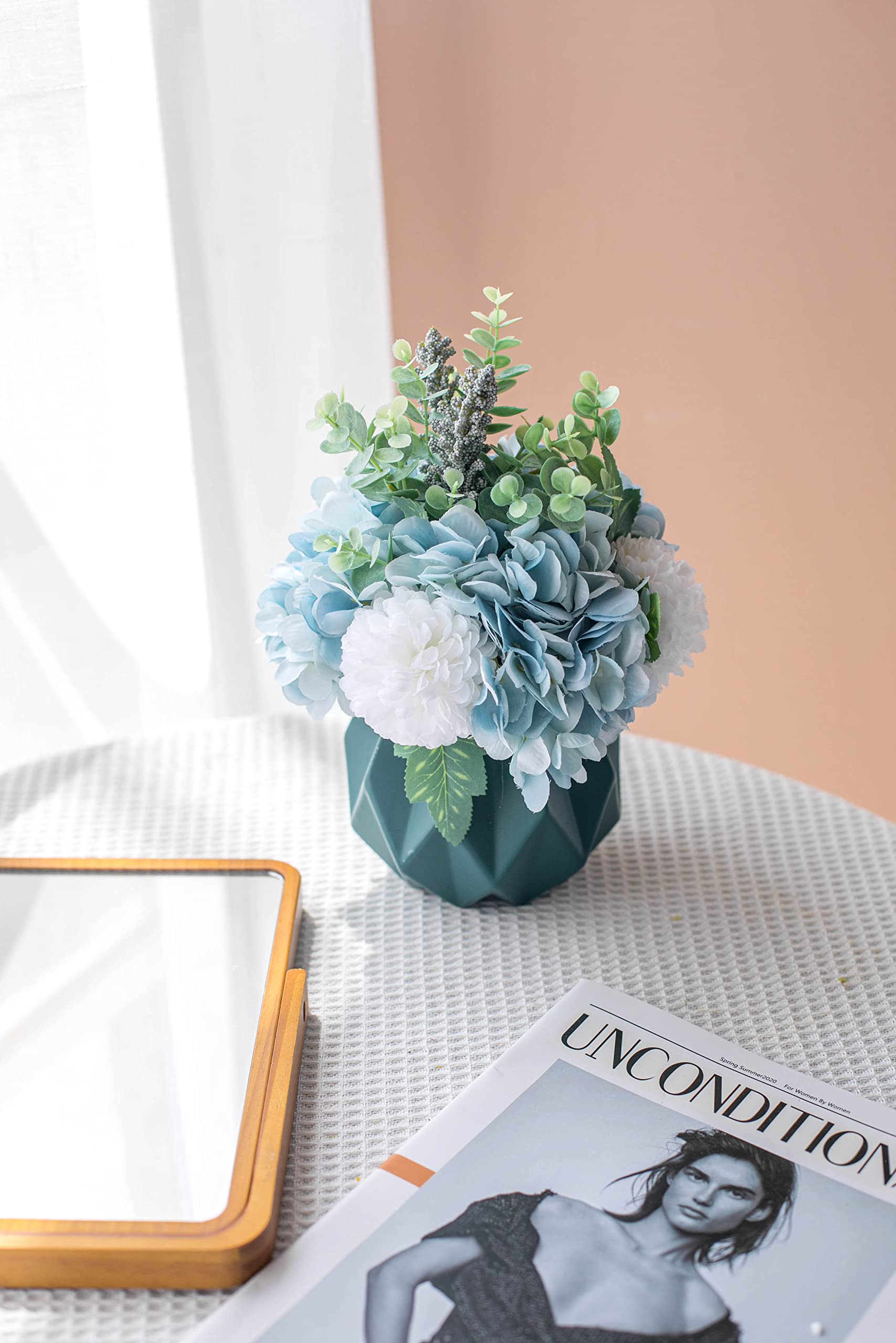 Flores Artificiales de Hortensia con jarrón, arreglo Floral Artificial en Maceta de cerámica Azul para decoración del hogar, Centro de Mesa, Sala de Estar y Oficina.