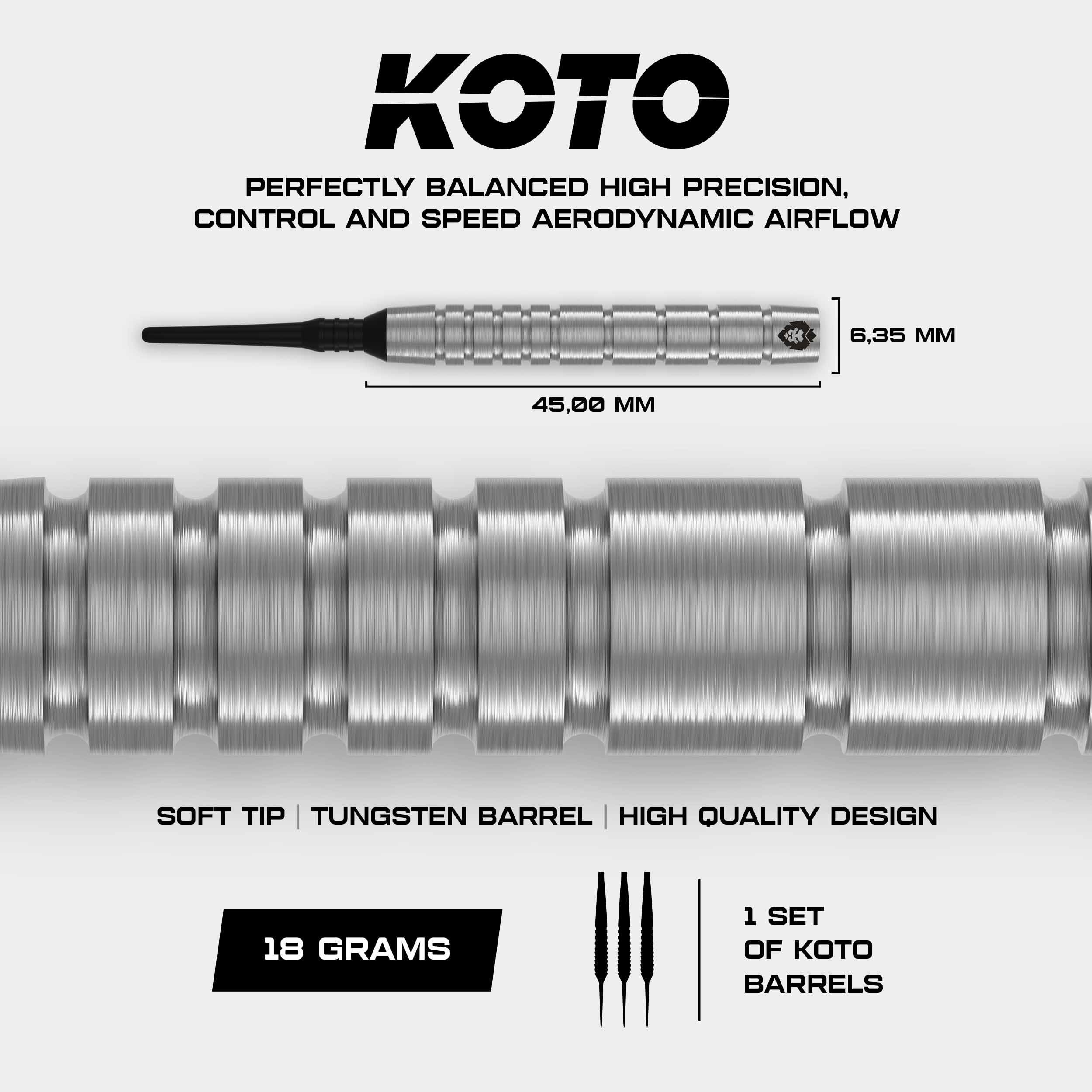 KOTO - Kingfly V1 90% Softdarts,18 G, Silber, Soft Tip Dartpfeile Inkl. 3 Barrels, 2 Sets Flights + Schäfte & Dartwallet, Firm Ringgrip