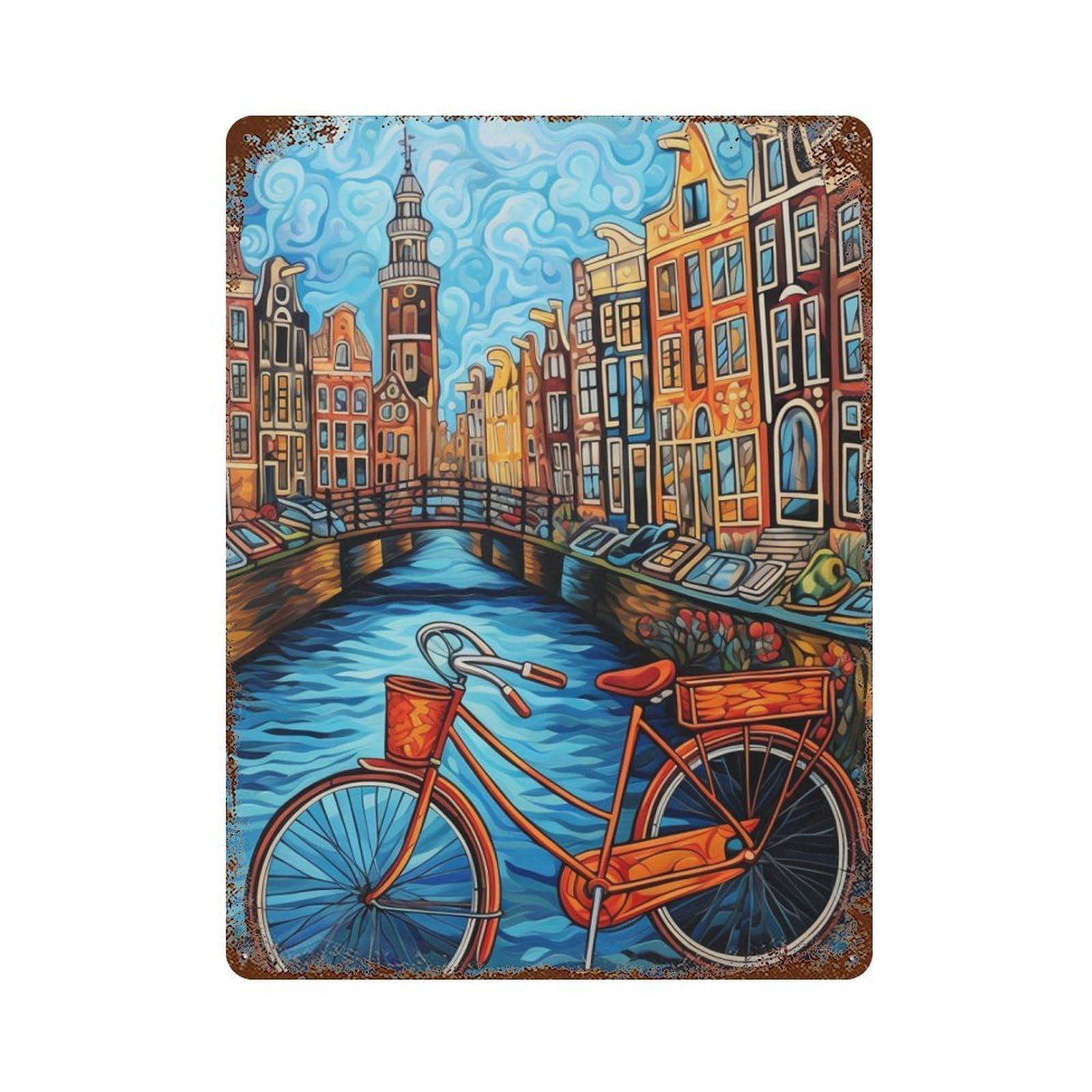 Amsterdam Canal Bicycle Scene Decorative Tin Sign 15.7"x11.8", Shabby Chic Decor for Garage, Pub Or Kitchen