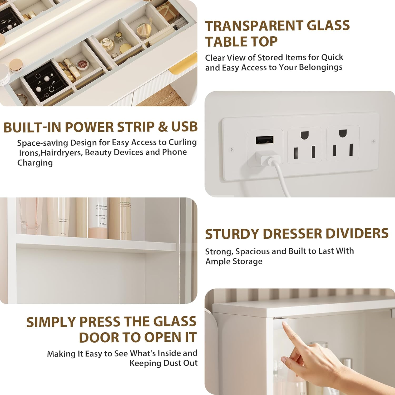 48" Fluted Vanity Desk with Mirror and Lights, Modern Make Up Vanity with Drawers, Glass Top, Power Outlet, Makeup Table for Bedroom