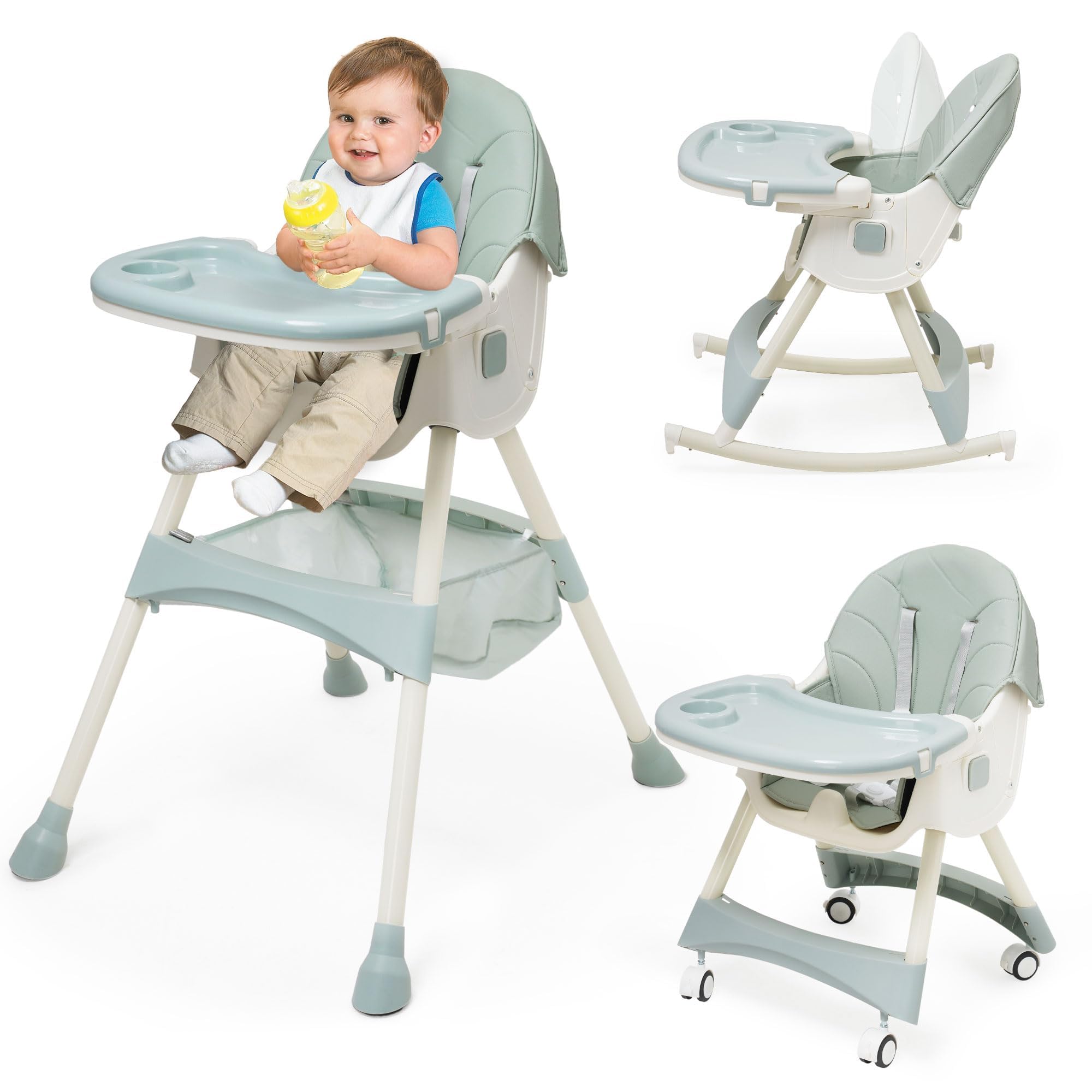 3-in-1 Baby Highchair Adjustable Backrest for Child Reclining 5 Positions Portable Folding Highchair Seat Footrest Adjustable Height 4 Wheels
