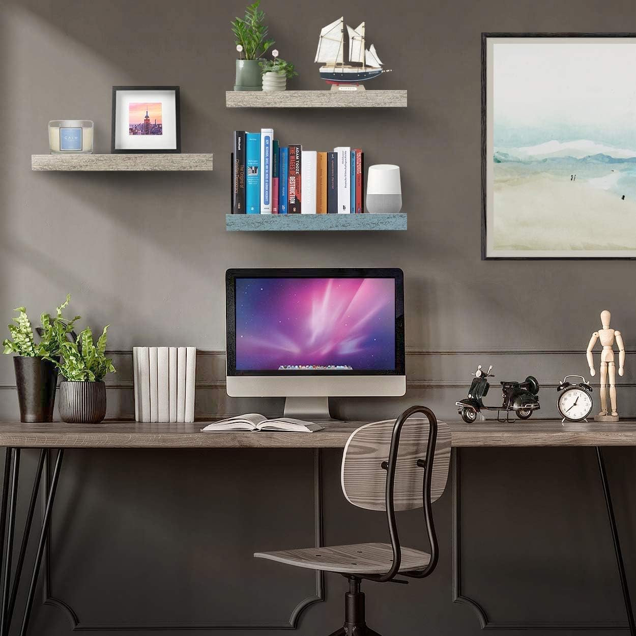 Sorbus Floating Shelf Set - Rustic Wood Coastal Beach Style Hanging Rectangle Wall Shelves for Home Décor, Trophy Display, Photo Frames, etc.(Blue/White, 3 Pack) : Home & Kitchen