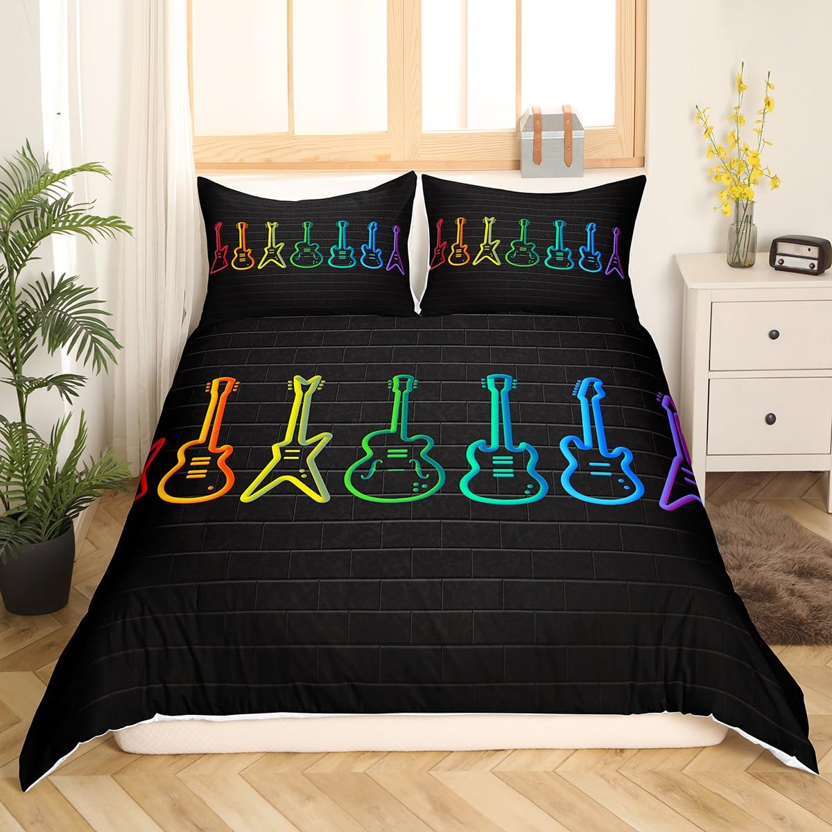 Homewish Glowing Guitar Bed Set for Kids Teen Adults Neon Guitars Duvet Cover - Image 2