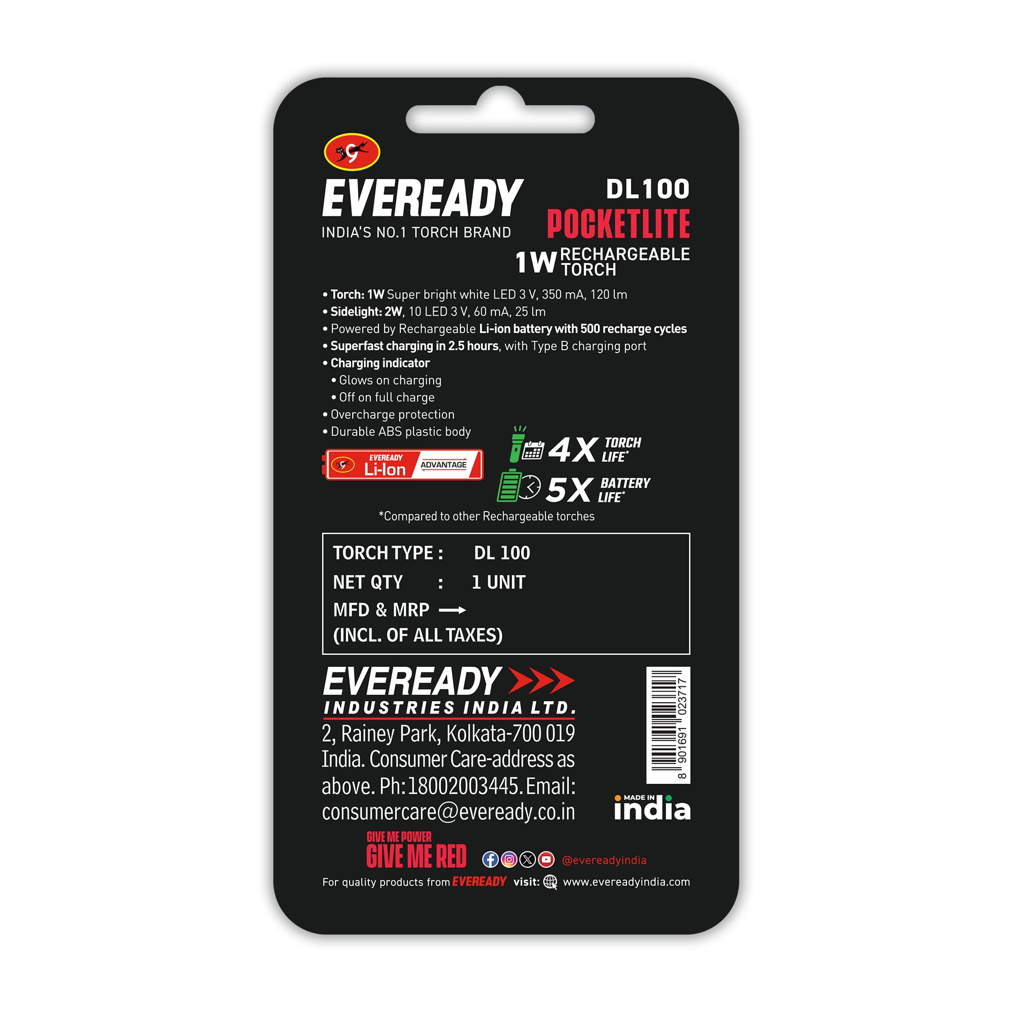 Eveready Pocketlite DL100, Rechargeable 1W LED Torch Cum Emergency 2W Sidelight, Type-B/Micro-USB Fast Charging, Overcharge & Deep Discharge Protection, Powered by Li-Ion Battery - Image 7 thumbnail