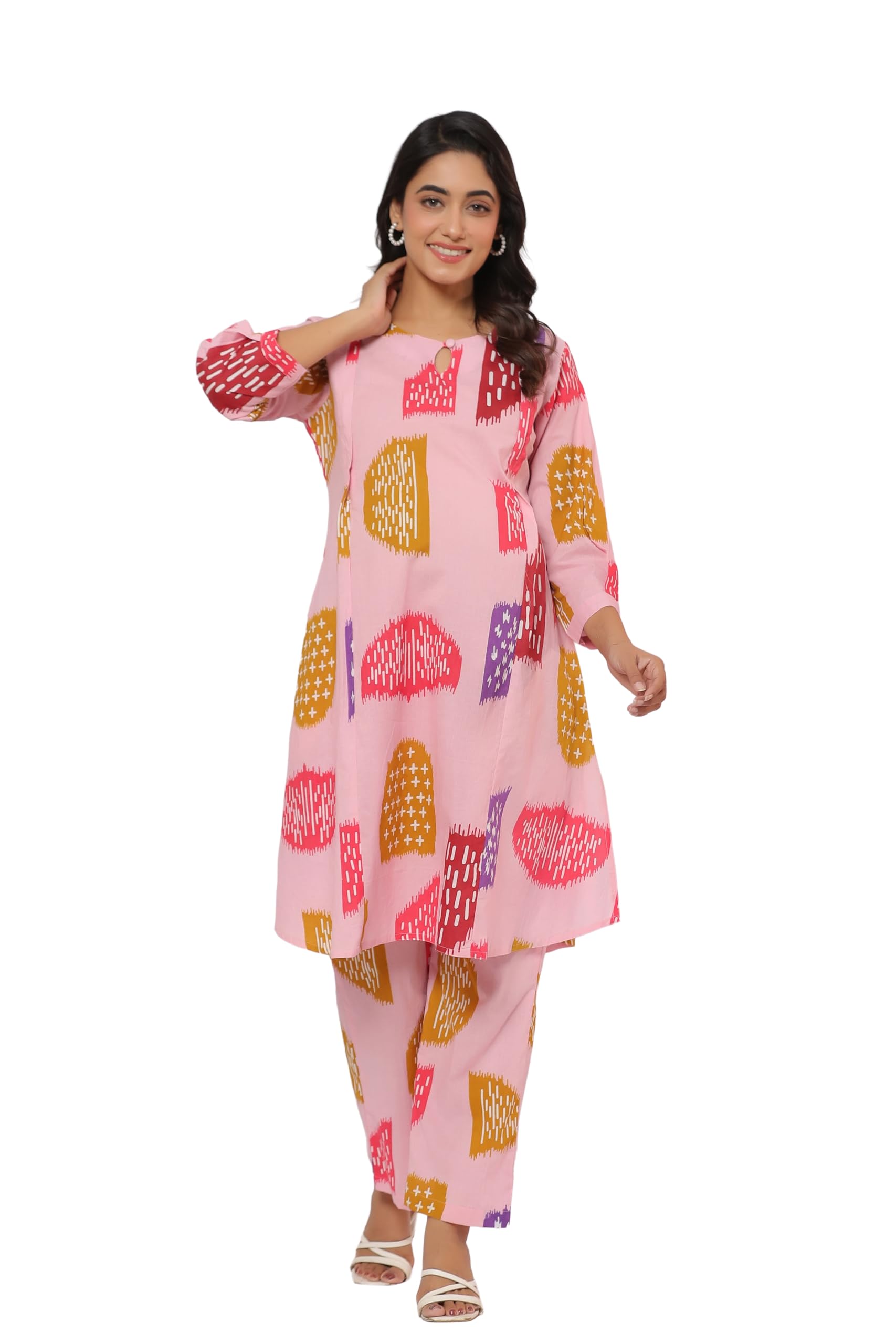 Pre & Post Maternity/Nursing Wear Hand Printed Night Suits/Night Dress Co-ord Set with Both Sides Zipper for Easy Feeding for to Be Moms & Nursing Mothers Pure Cotton Pastel Pink-image-0