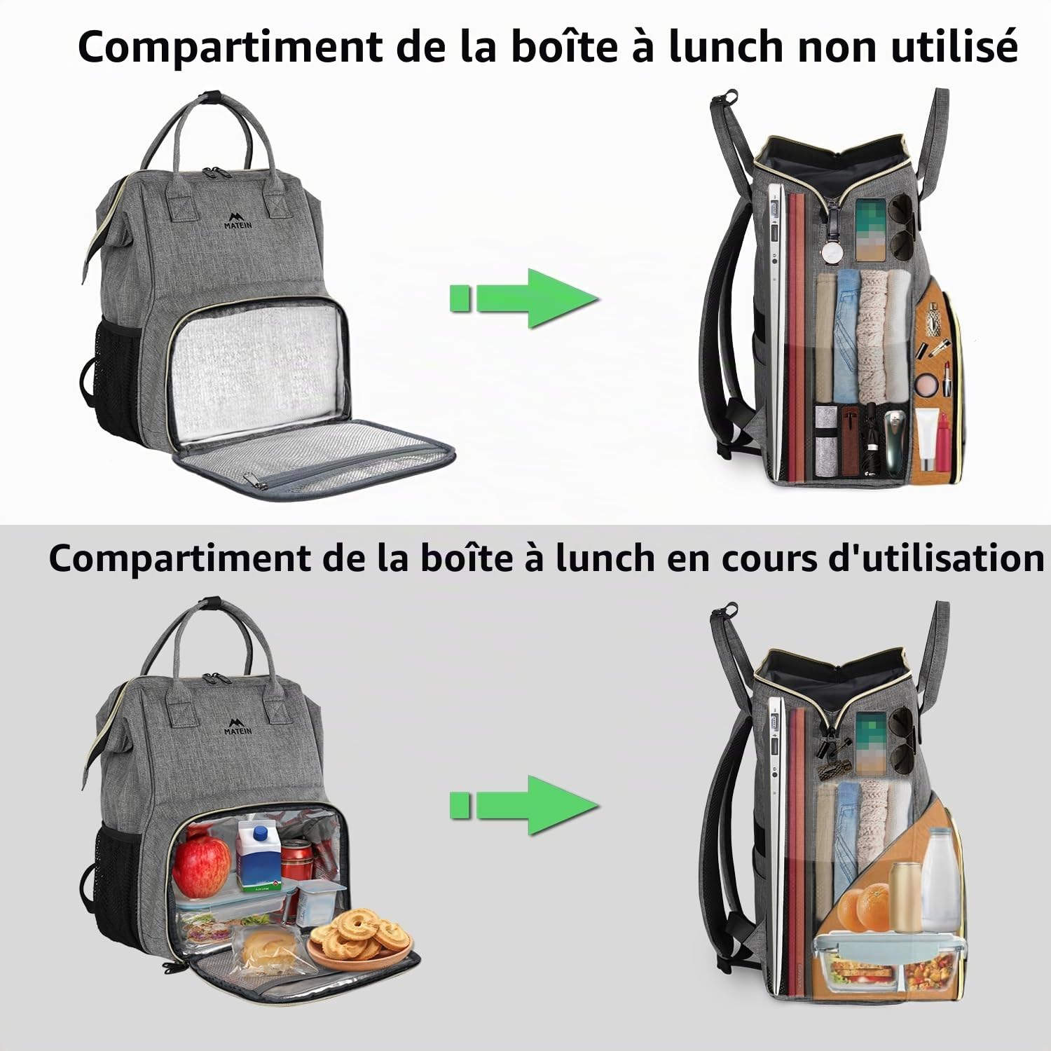 MATEIN Sac à Dos Isotherme Repas 15,6 Pouces Ordinateur Femme Homme Voyage Imperméable Gris