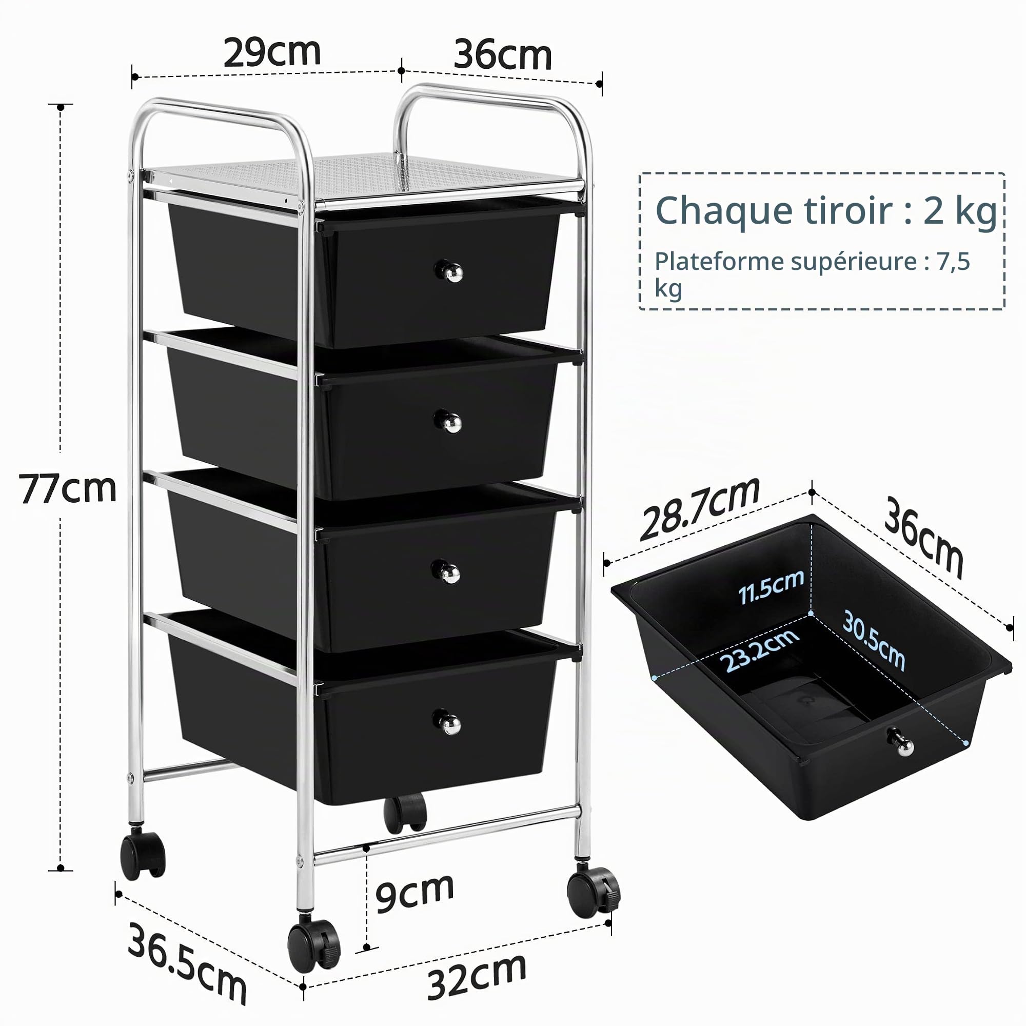 Yaheetech Chariot de Rangement Desserte à Roulettes 32 x 36,5 x 77 cm Noir