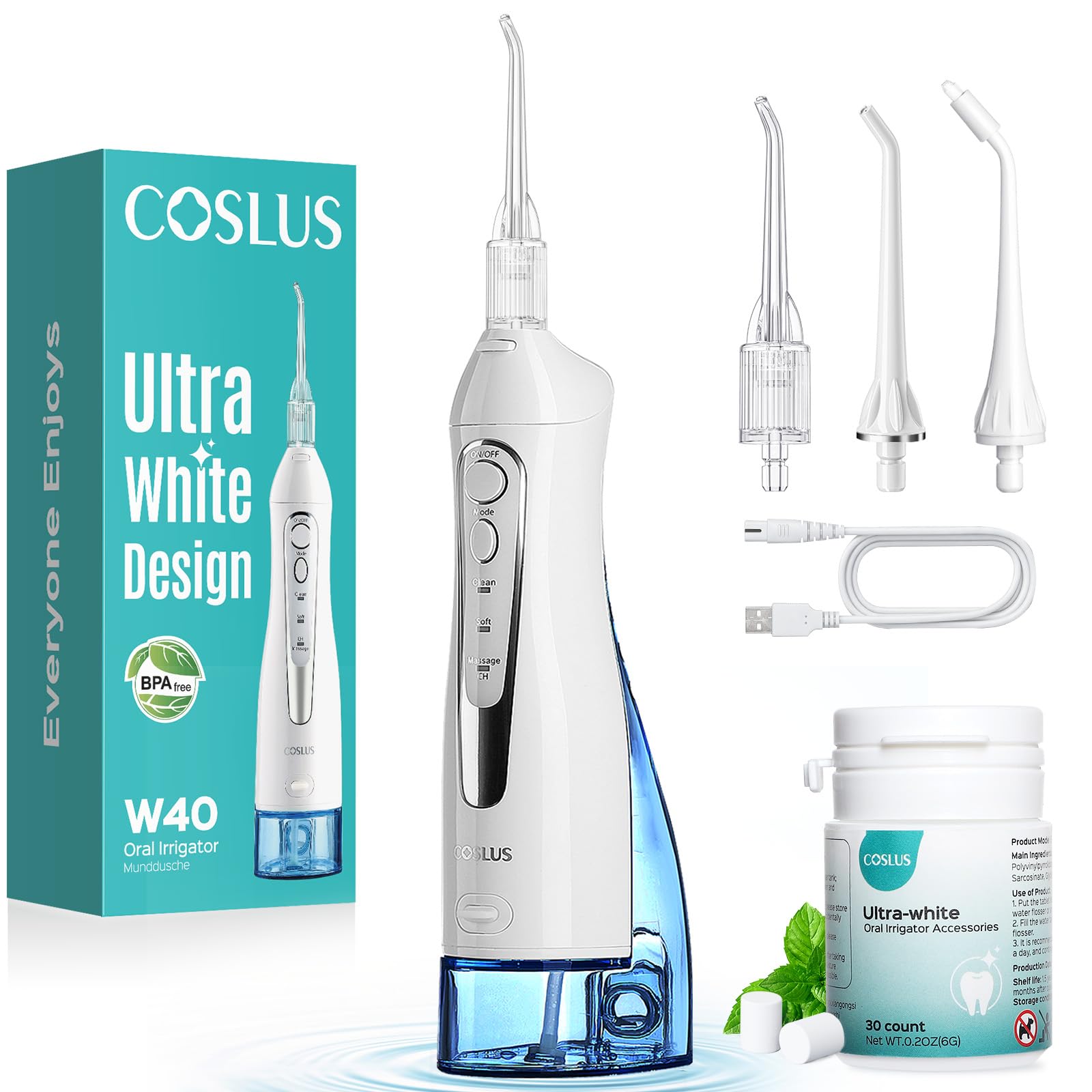 COSLUS Water Flosser Pick with 30pcs Whitening Mint Flavor Refill Combo for Teeth, Braces, Gums Care - Easy to Use, Portable for Travel & Coffee