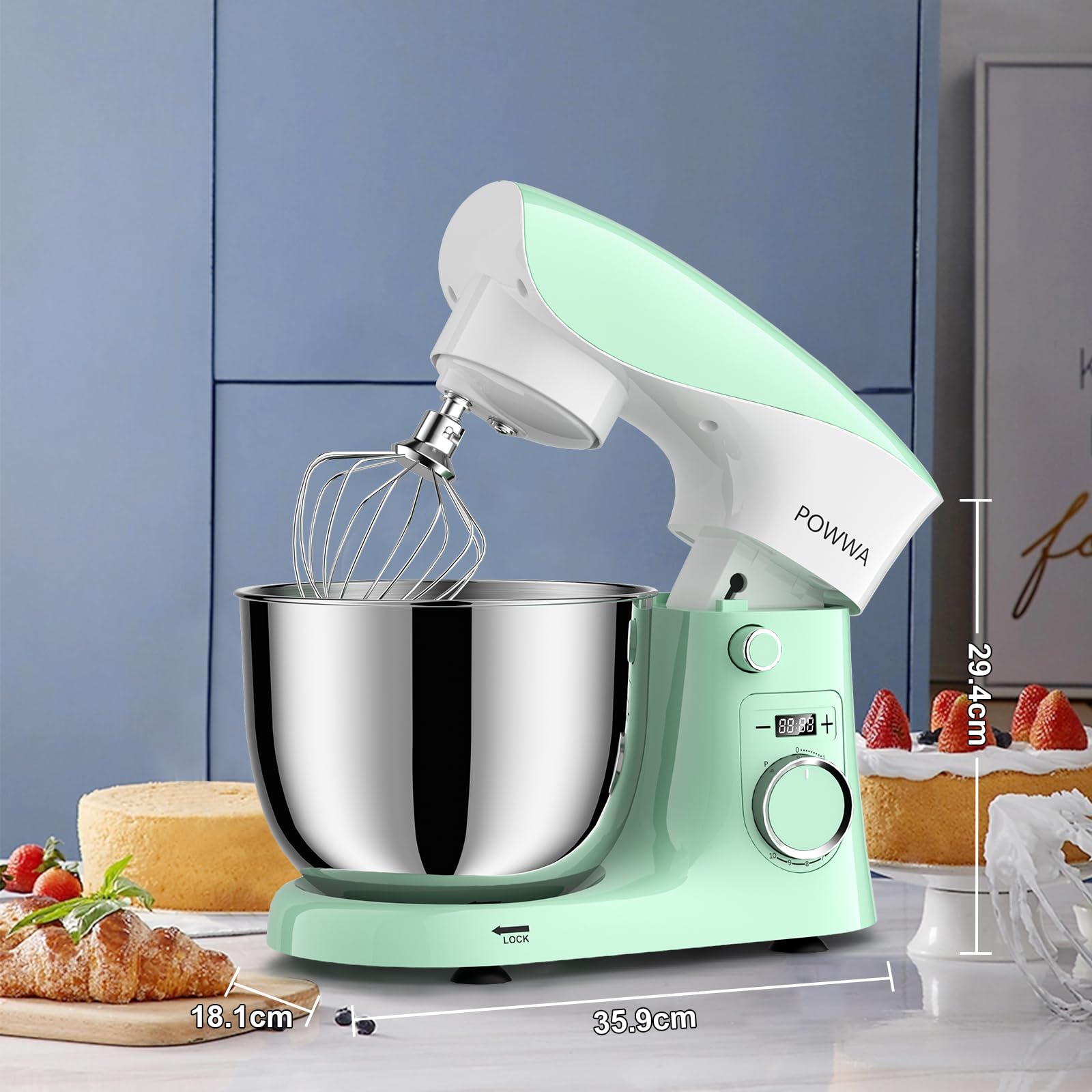 Batidora Amasadora Profesional POWWA 5L, Verde Blanco | Amasadora de Pan Repostería, 10 Velocidades con Pulso, Bajo Ruido, Robot de Cocina Multifunción