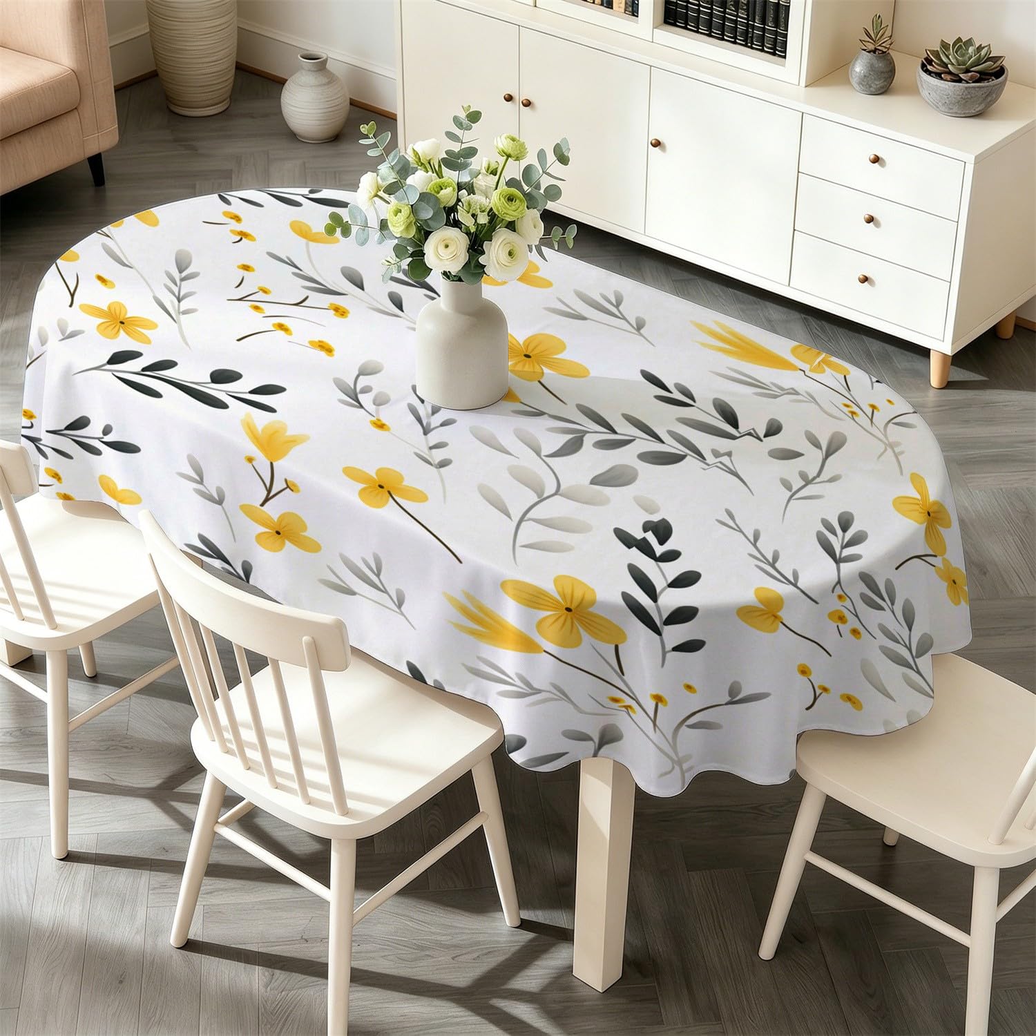 Nappe ovale 140x240 cm fleurs jaunes et branches grises imperméable pour table de cuisine