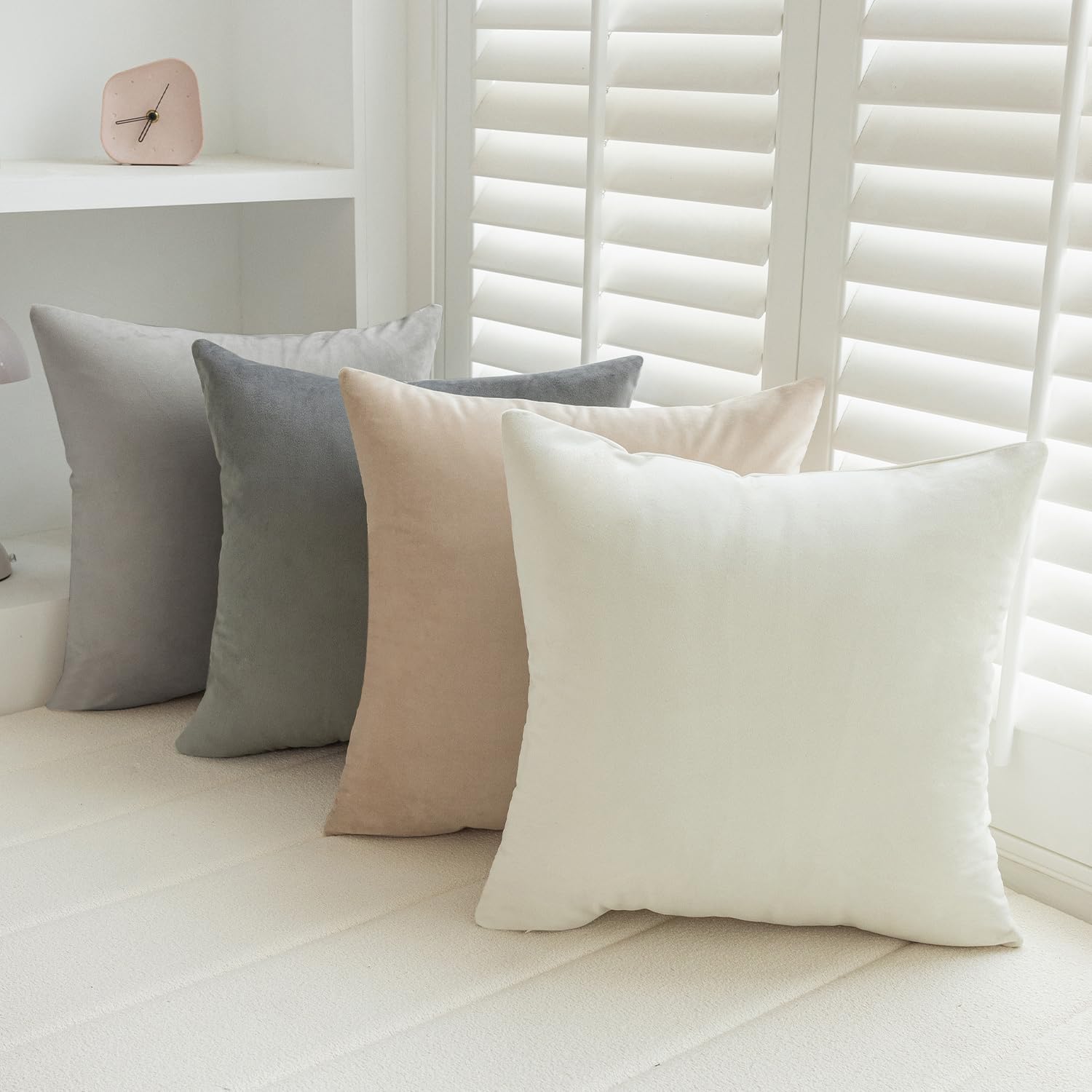 Softaker 18x18 Velvet Pillow Covers Set of 4, Soft Solid Colors Throw Pillow Covers, Square Decorative Cushion Pillow Case for Couch Sofa Bedroom Living Room (No Inserts),Multi Grey