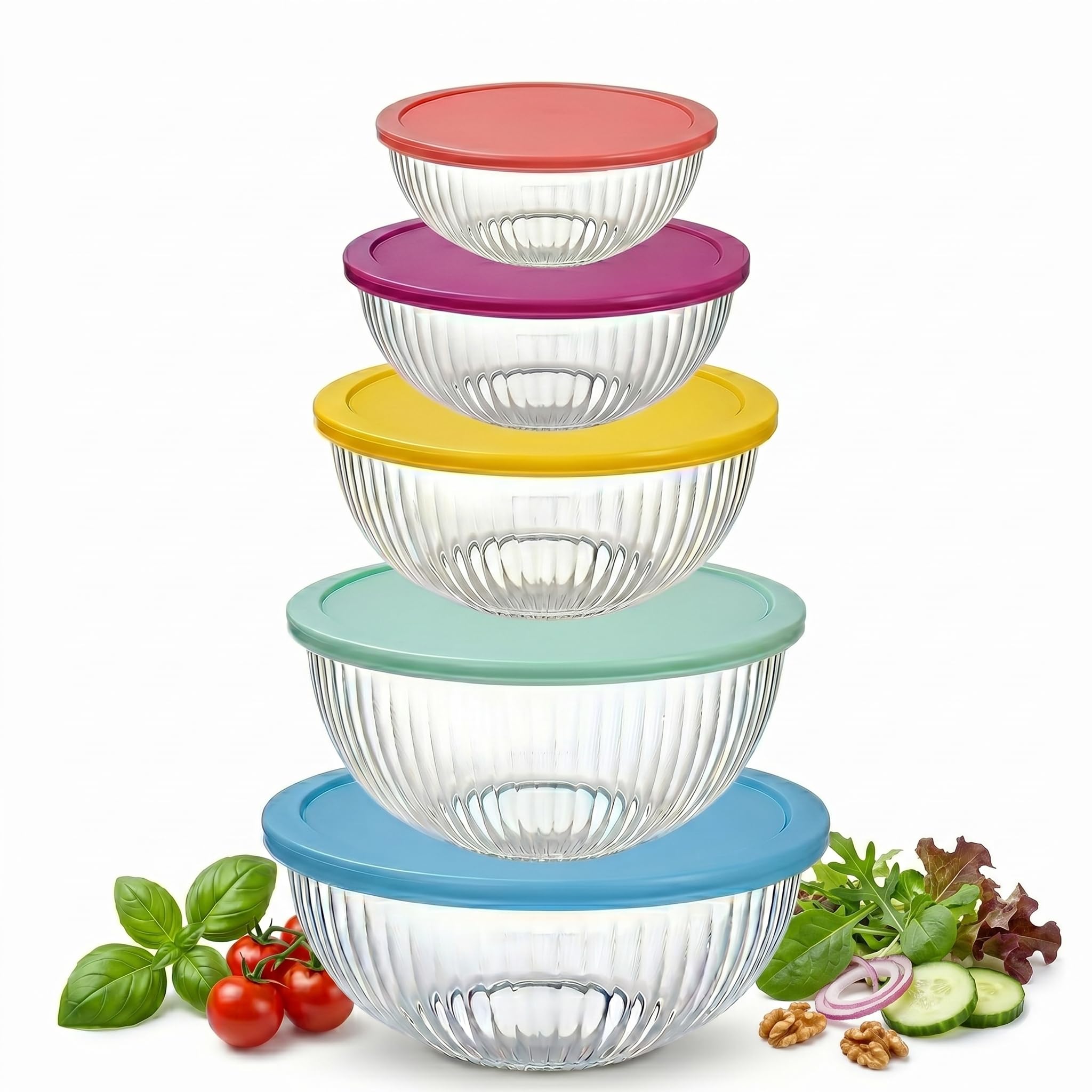 5 Pack Glass Mixing Bowl Set with Lids, Stackable Nesting Bowls