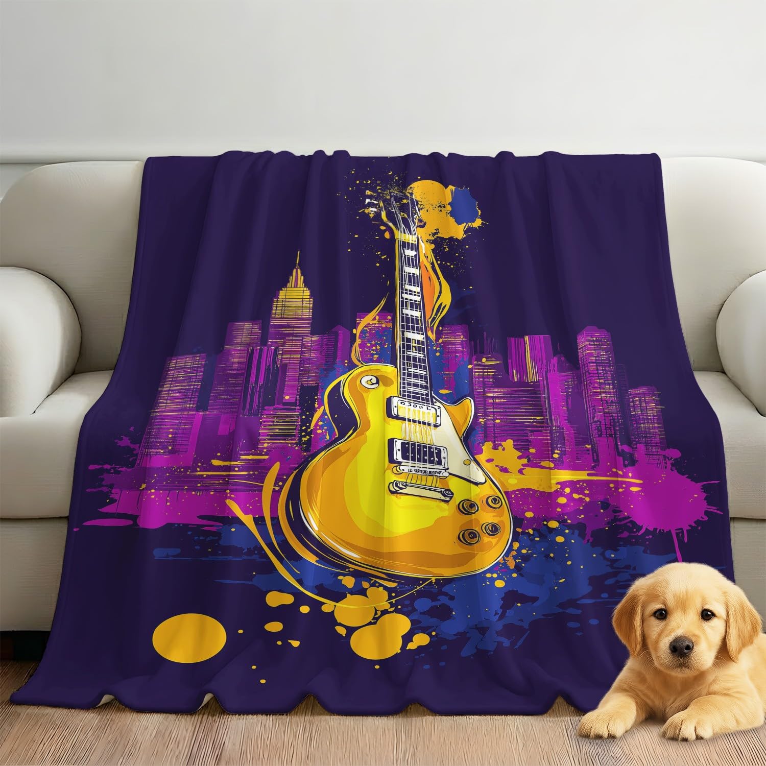 Coperta in flanella con musica rock, Urban Dynamic chitarra elettrica, morbida, per letto, divano, divano, coperta soffice in microfibra, per bambini e adulti, 200 x 200 cm, blu