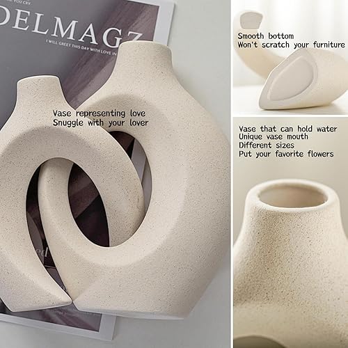 Miniatura 5 de Snuggle Hollow Ceramic Vase Set of 2 for Coffee Table Decor, Donut Decorative Vases for Boho Modern Table Centerpieces Home Living Room Entryway