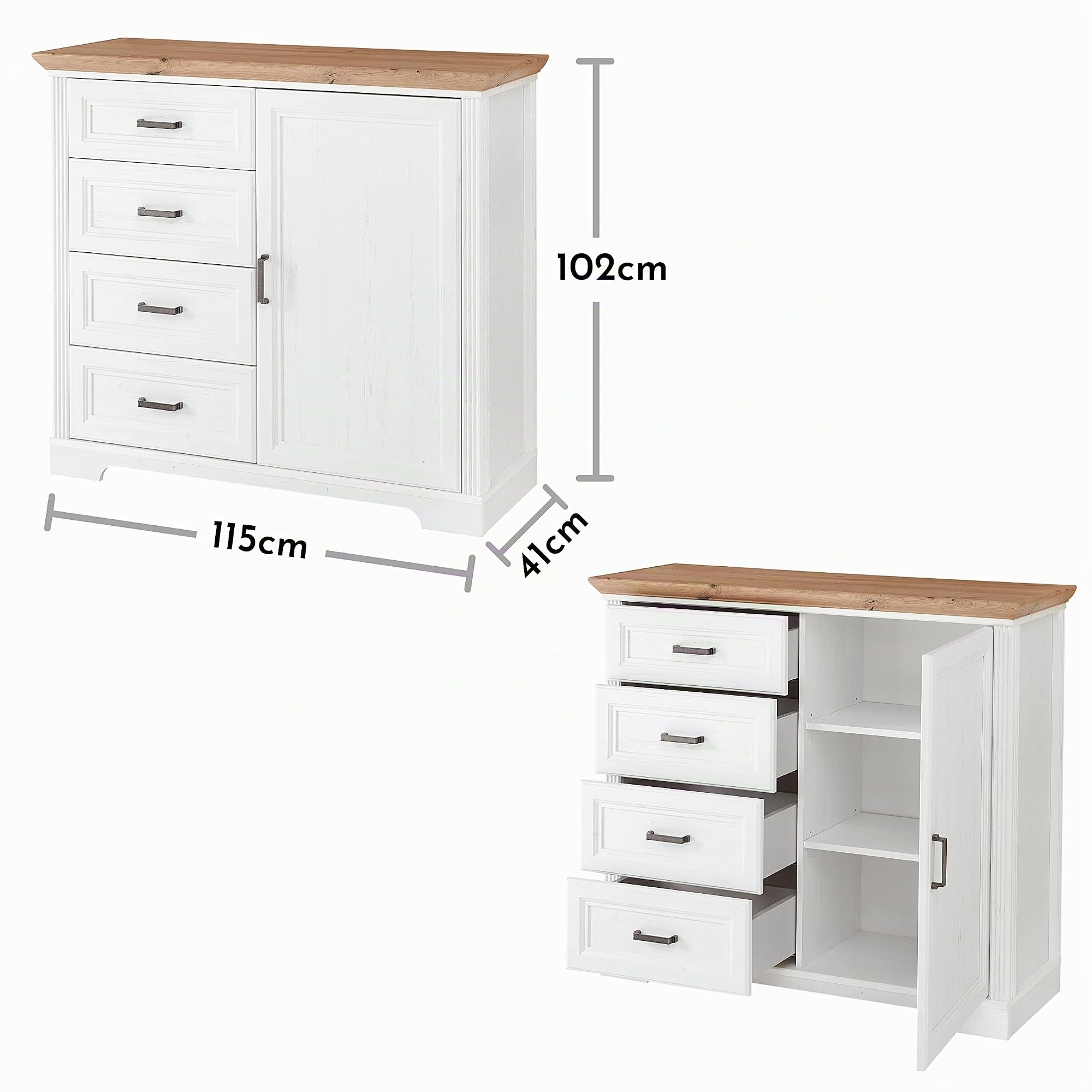 Stella Trading Kommode in Pinie hell, Artisan Eiche Optik - Kommode im Landhausstil mit Schubladen und viel Stauraum - 115 x 102 x 41 cm (B/H/T)