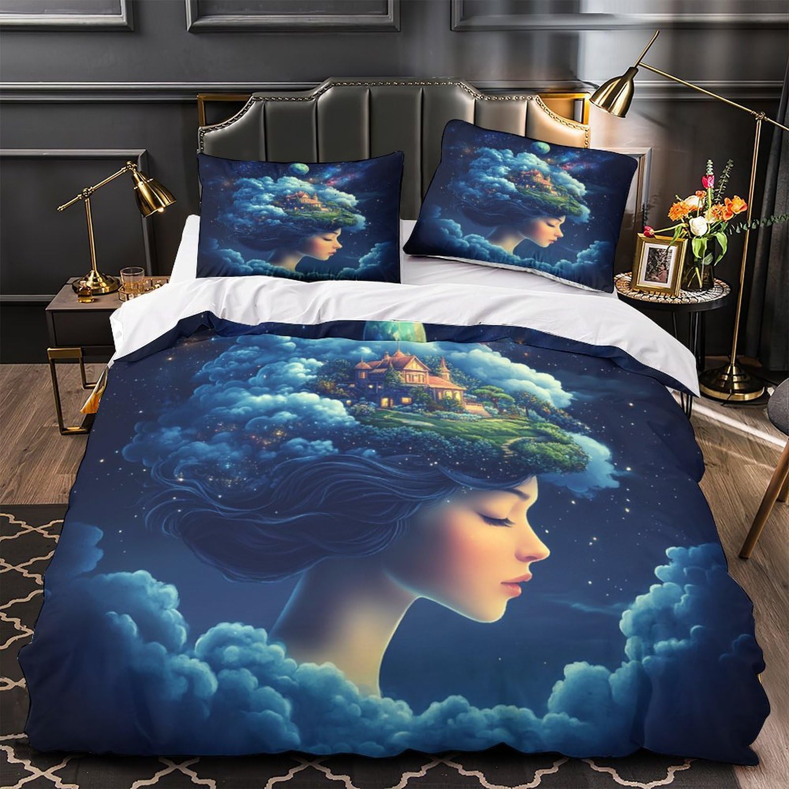 Fantasia onirica Impressione 3D 3 pz cover piumone Stile artistico fantasy fodera per edredone microfibra morbida ipoallergenica per ragazze donne adulti Super king（260x220cm）
