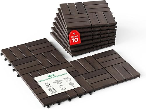 Paquete de 10 azulejos de cubierta, madera de acacia impermeable para suelos de exteriores, azulejos de cubierta entrelazados tanto para interiores
