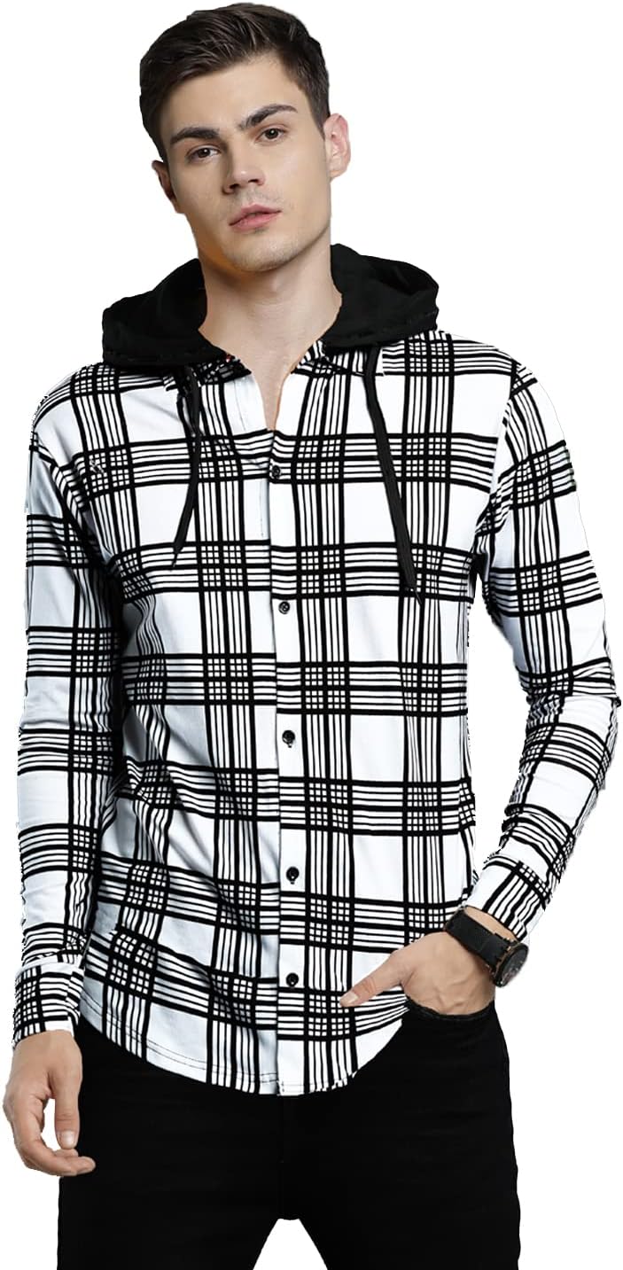 LEWELMen's Hooded Buttoned Down Checked T-Shirt (Olive Green)