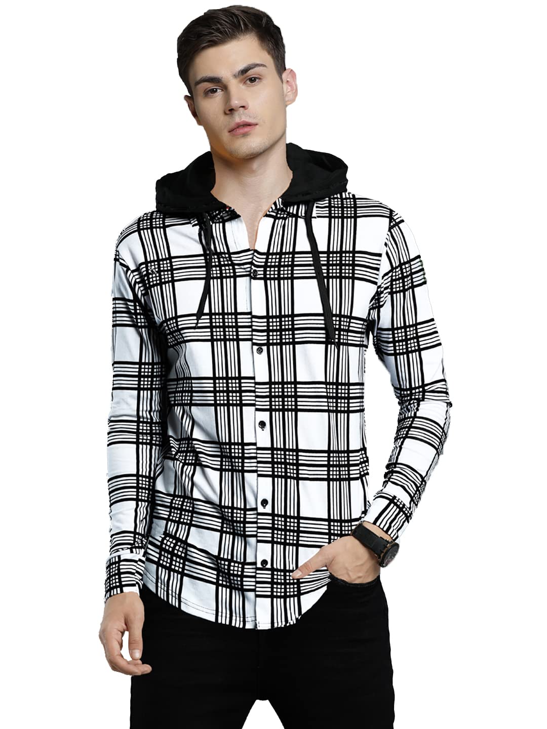 LEWEL Men’s Hooded Buttoned Down Checked T-Shirt (Olive Green)