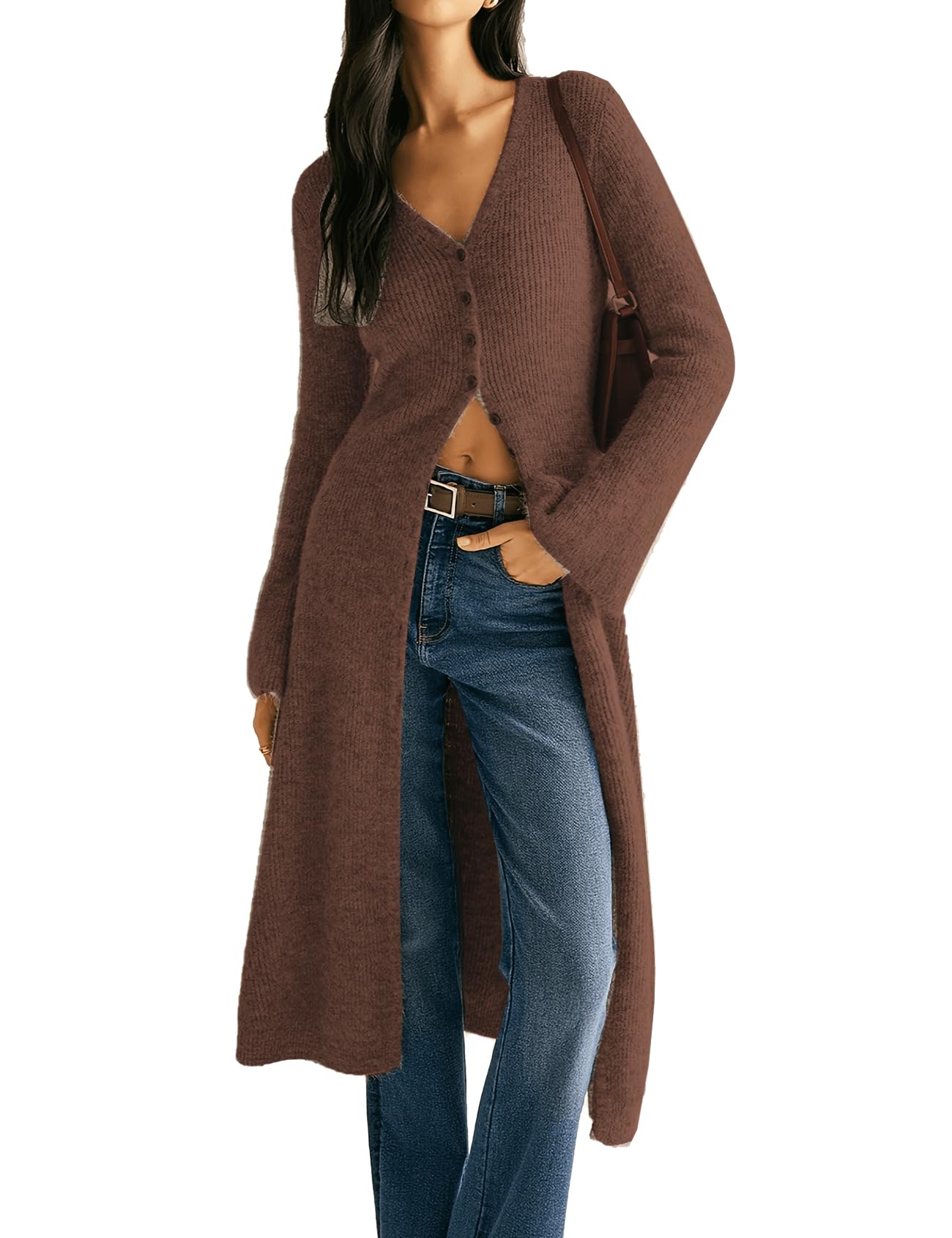 Womens Long Cardigan Sweaters V Neck Bell Sleeve Split Open Front Button Down Knit Dress
