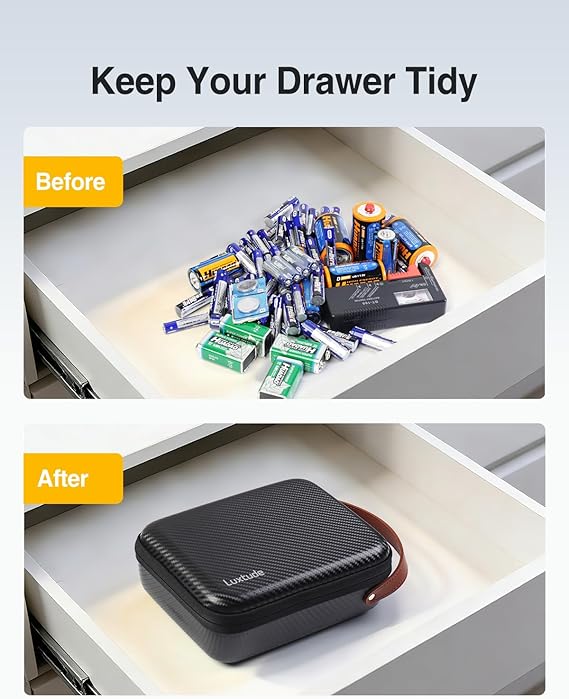 Luxtude Small Battery Organizer Storage Case with Tester, Hard Batteries Storage Holds 61, Portable Batteries Case Organizers, Drawer Caddy & Daddy (Black)