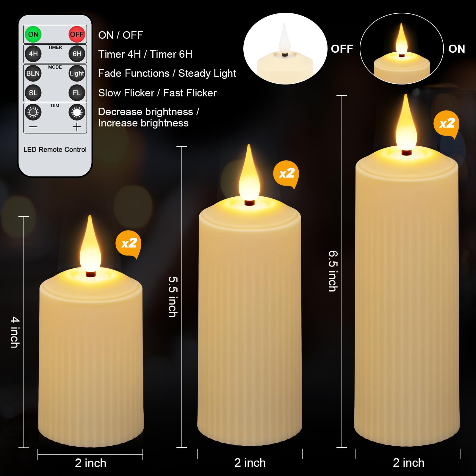 crowm Rechargeable Candles Flickering with Remote, Battery Operated Flameless Pillar Candles, Outdoor Waterproof LED Electric Candle for Halloween Christmas Decor, USB Charge, Set of 6, Ivory