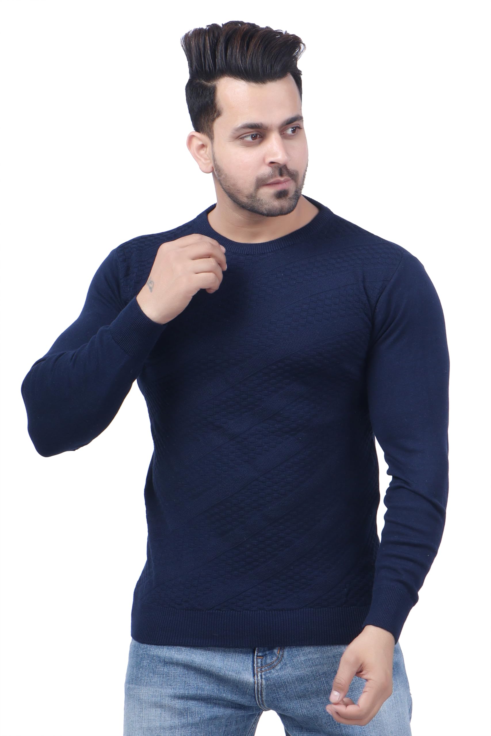 feverfew Mens Stylish Soft Pullover Sweater | Men's Sweater Casual wear Sweater for Men | Full Sleeves Sweater | Self Design Round Neck Sweater-picture-13