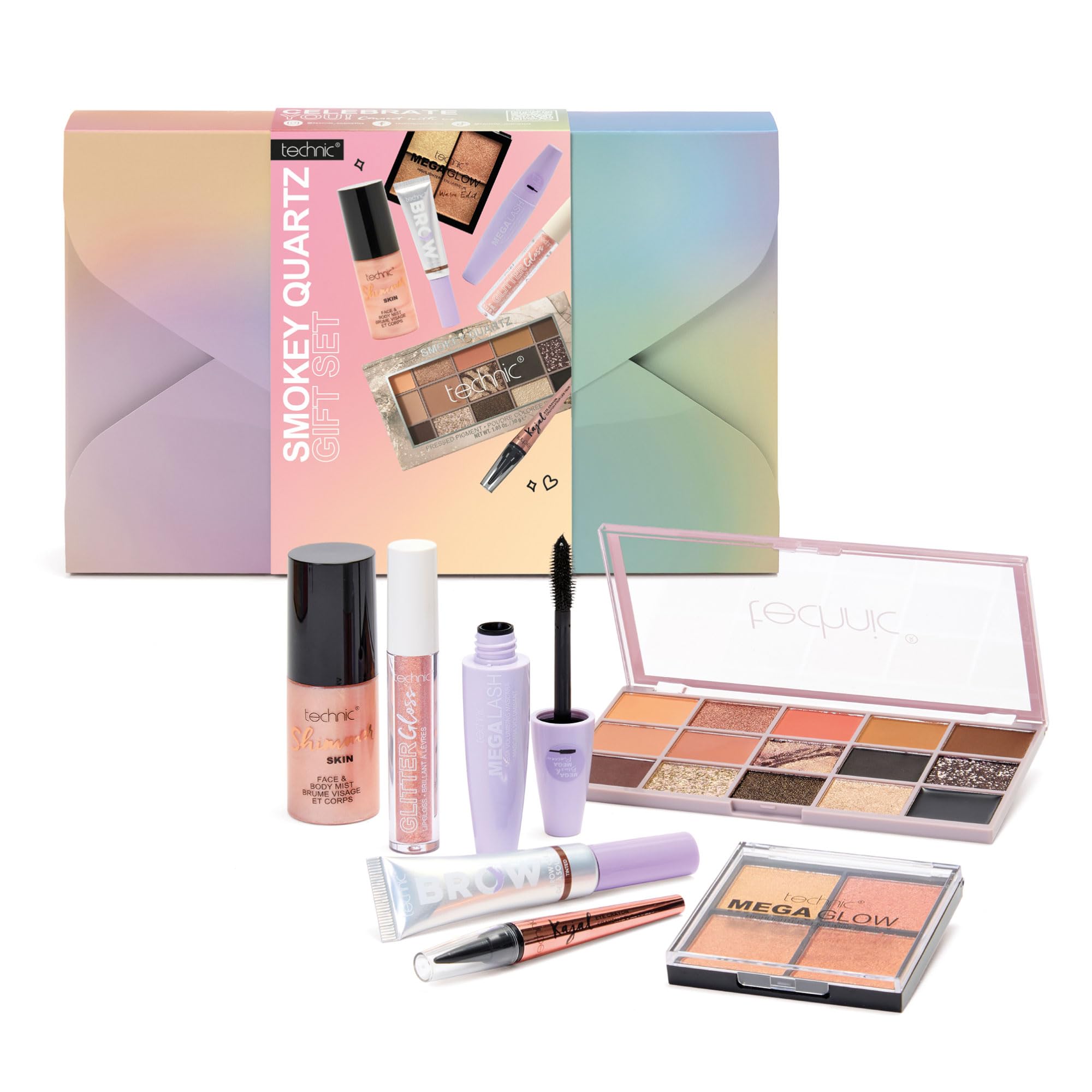 Technic Smokey Quartz 7-Piece Full-Size Makeup Gift Set - Eyes, Brows, Glow & Gloss in One Glam Kit, smoky