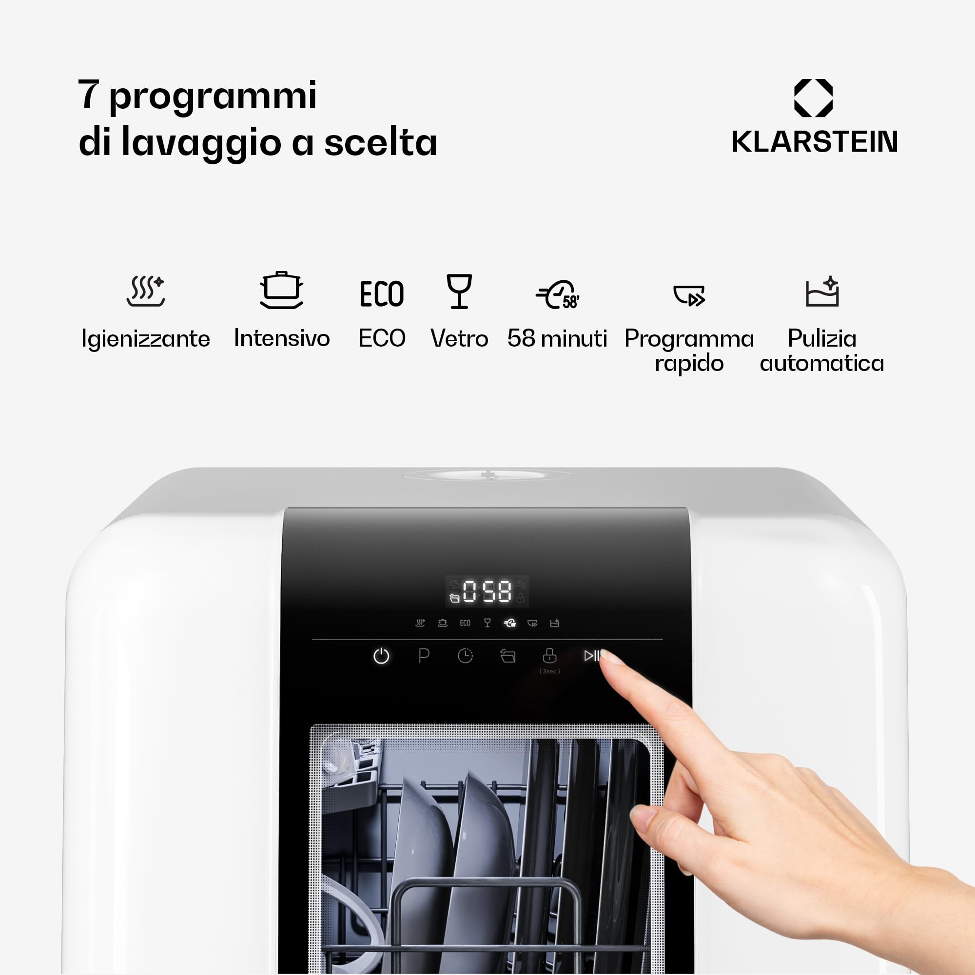 Klarstein Melville Lavastoviglie da tavolo - Lavastoviglie compatta per 3 coperti, 7 programmi, 6 L di acqua, AquaStop, design portatile