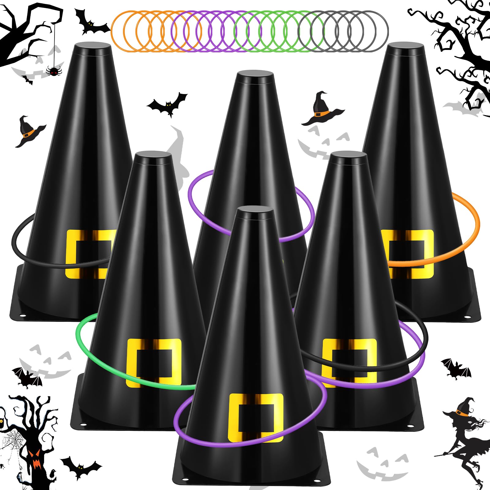 Jenaai 26 Pcs Halloween Ring Toss Game Outdoor Carnival Games Halloween Party Games Include 6 Pcs Plastic Cones 20 Pcs Toss Rings for Kid Adult School Family Indoor Outdoor Garden Throwing Toy Supply