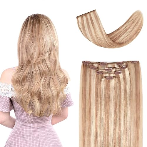 Miniatura 1 de Extensiones de cabello humano Remy de 12 pulgadas con clip para mujer, extensiones de cabello humano sedoso y liso, 1.76onzas, 4 piezas, color