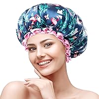 Vista 9 de mikimini Gorro de ducha grande para mujer, paquete de 2, gorro de ducha de flamenco con encaje rosa, doble capa impermeable, reutilizable, lavable